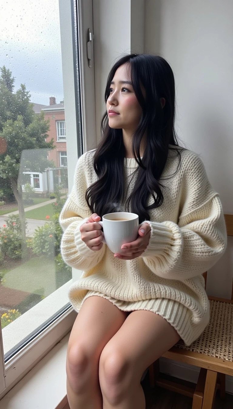 This is a high-resolution photo of Amy sitting on a window bench, wrapped in a chunky, oversized cream sweater. Her long black hair is slightly tousled, framing her fair face as she looks out the window with a wistful expression. Outside, rain streaks the glass in soft patterns. Her bare thighs are visible beneath the sweater, and she holds a steaming mug of tea in both hands. Natural light filters through the rain-dimmed window, giving the room a soft, diffused glow. The overall vibe is quiet, intimate, and inviting.