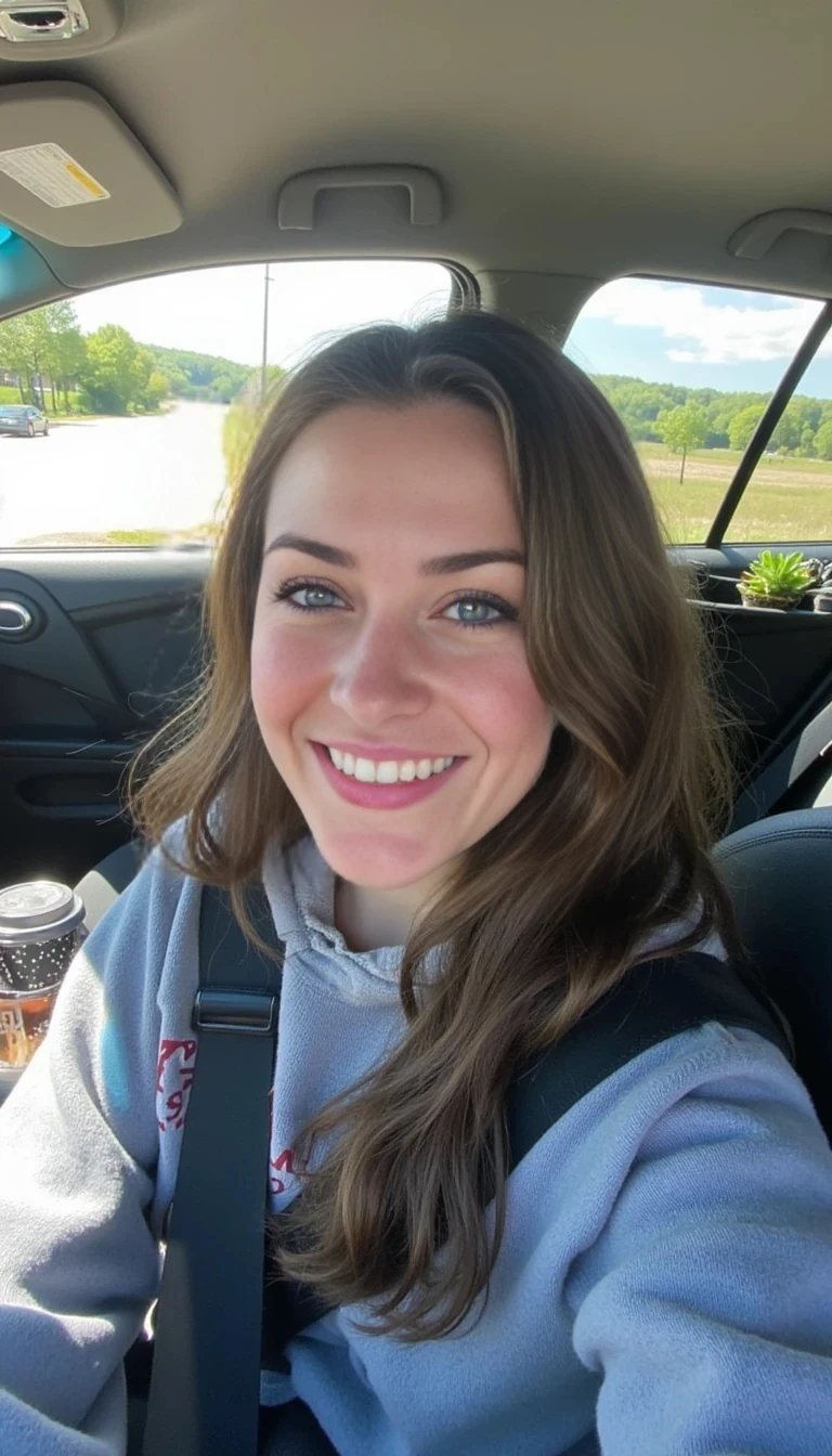 boring low quality snapchat photo circa 2015, A young woman with a warm smile, sitting in the driver's seat of a cozy car. She has soft, wavy brown hair cascading past her shoulders. The sunlight streams through the window, casting a gentle glow on her face. The interior of the car is neat and comfortable, with a coffee cup in the cup holder and a small plant on the dashboard. The background outside the window shows a scenic road lined with trees and blue skies