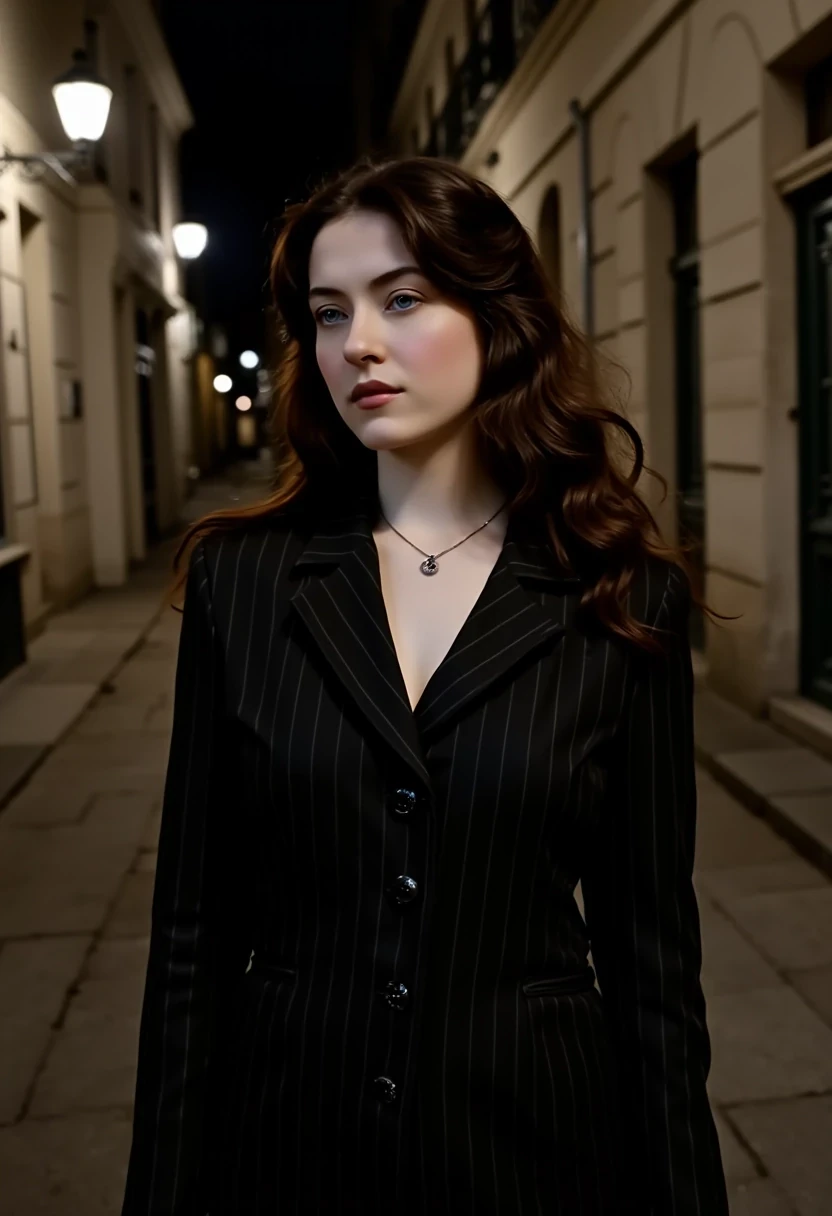 Woman CSTMDL, brunette, blue eyes, her hair are loose, she’s beautiful with a cold smile, wearing a tailored black pinstripe blazer featuring small buttons. 
She wears a white shirt, under her blazer. She wears a black skirt, haute couture, who stops just up her knees. It’s an elegant outfit modern, professional but very sexy. Her expression is haughty and contemptuous. She looks like someone cold and unfriendly. Her skin tone is very white, (pallid), almost cadaveric. She’s wearing a small pendant.
The background is a small deserted Parisian alley by night. The light is very low, making the scene a bit worrying and frightening.
