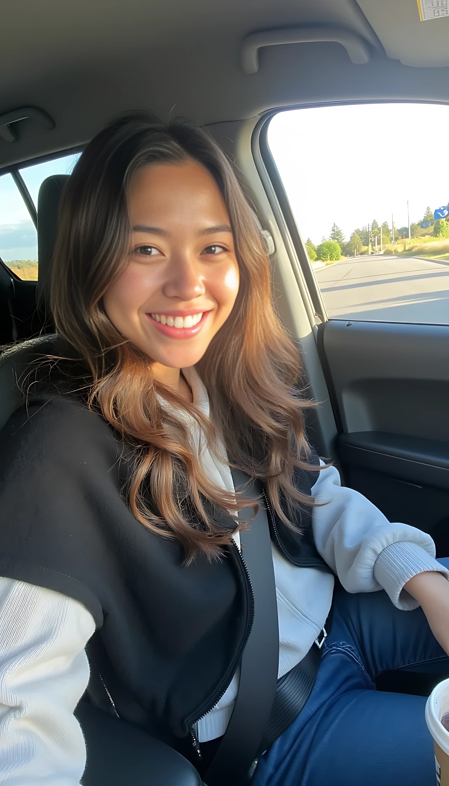 boring low quality snapchat photo circa 2015, A sexy, fresh, pretty Japanese - american mix woman in her early 20s with a warm smile, sitting in the driver's seat of a cozy car. She has a resemblance to the actress Kristin Kreuk. She has lush, wavy brown hair cascading past her shoulders. The sunlight streams through the window, casting a gentle glow on her face. The interior of the car is neat and comfortable, with a coffee cup in the cup holder and a small plant on the dashboard. The background outside the window shows a scenic road lined with trees and blue skies