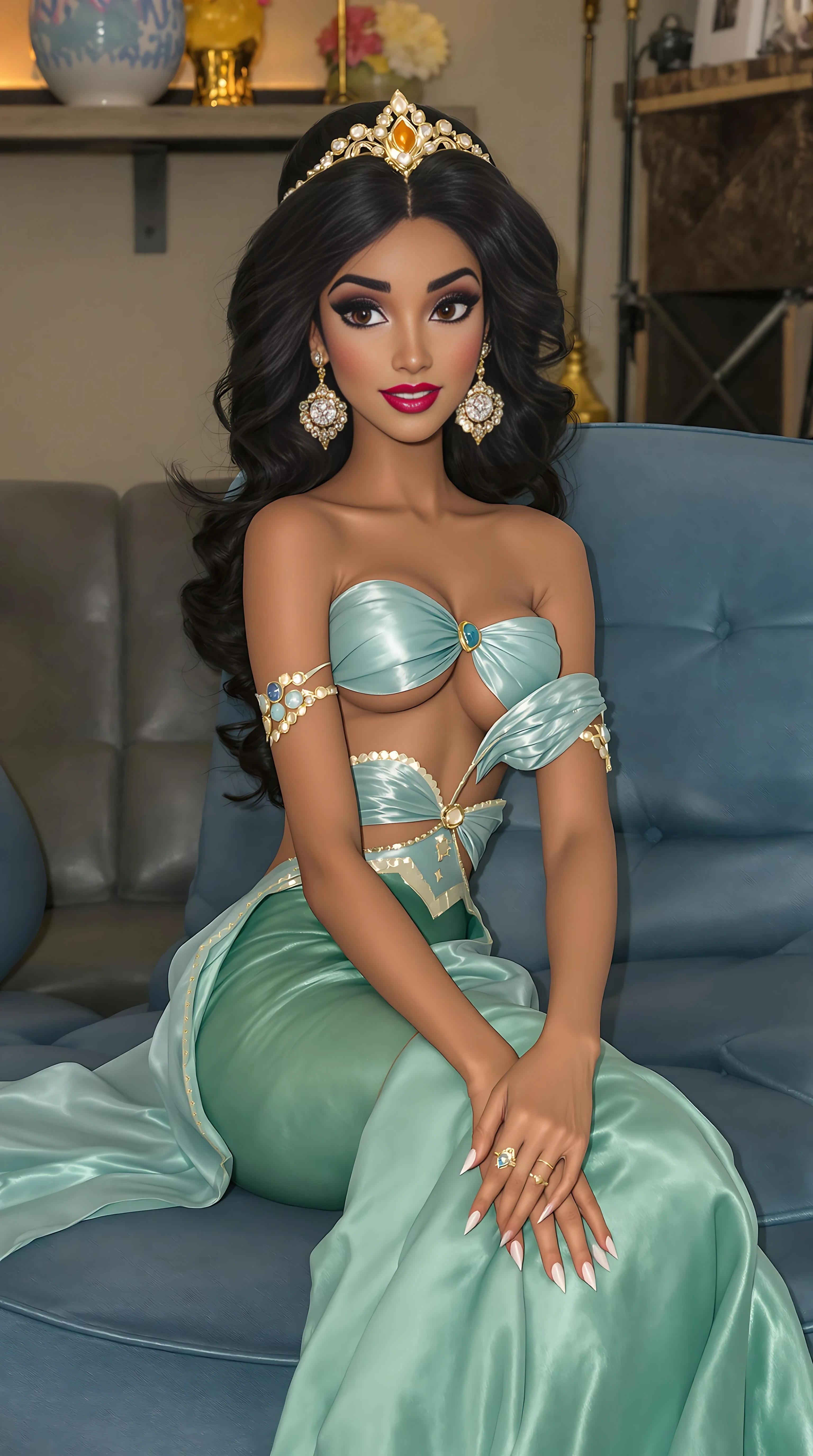 Disney pixar, pixar, Disney princess jasmine, but shes a adult film mexican actress version, sitting pretty on the casting couch, all dolled up, adult filming studio with a couch cameras, and an interviewer and a big large dark skinned man waiting for the filming to begin, I think everyone is eager and excited o watch her work in the adult video scene, porn,