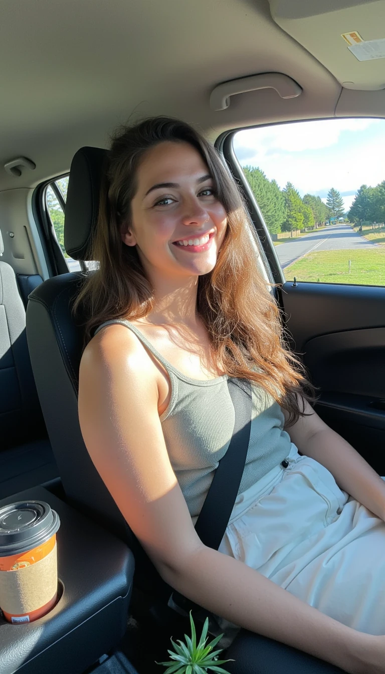 boring low quality snapchat photo circa 2015, A young woman with a warm smile, sitting in the driver's seat of a cozy car. She has soft, wavy brown hair cascading past her shoulders. The sunlight streams through the window, casting a gentle glow on her face. The interior of the car is neat and comfortable, with a coffee cup in the cup holder and a small plant on the dashboard. The background outside the window shows a scenic road lined with trees and blue skies