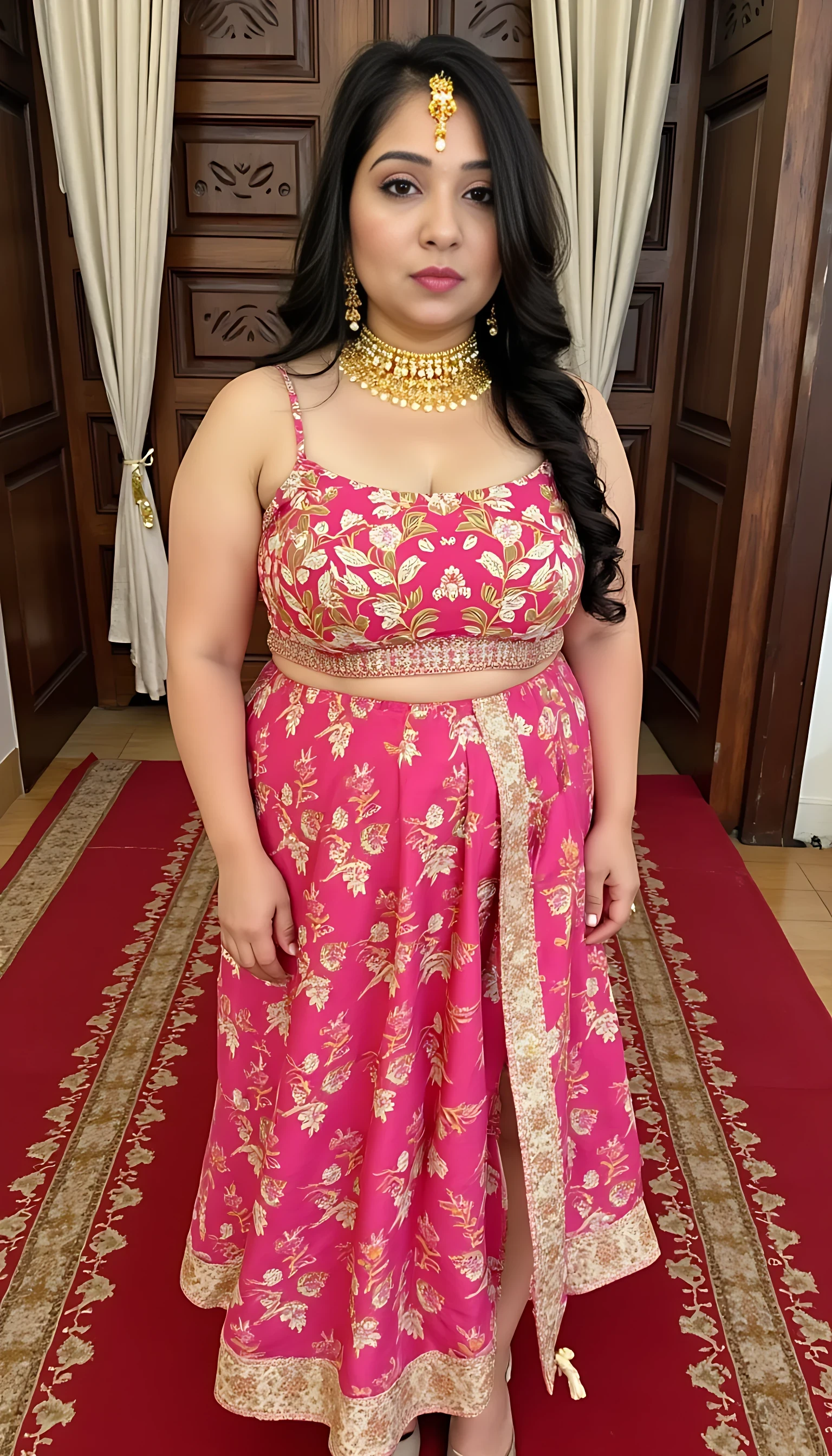 iphone portrait of CSTMDL woman, she is in marriage function. She is chubby. Wearing sleeveless fish dress with one leg cut. Deep neck dress. In royal hall. Full body image. 