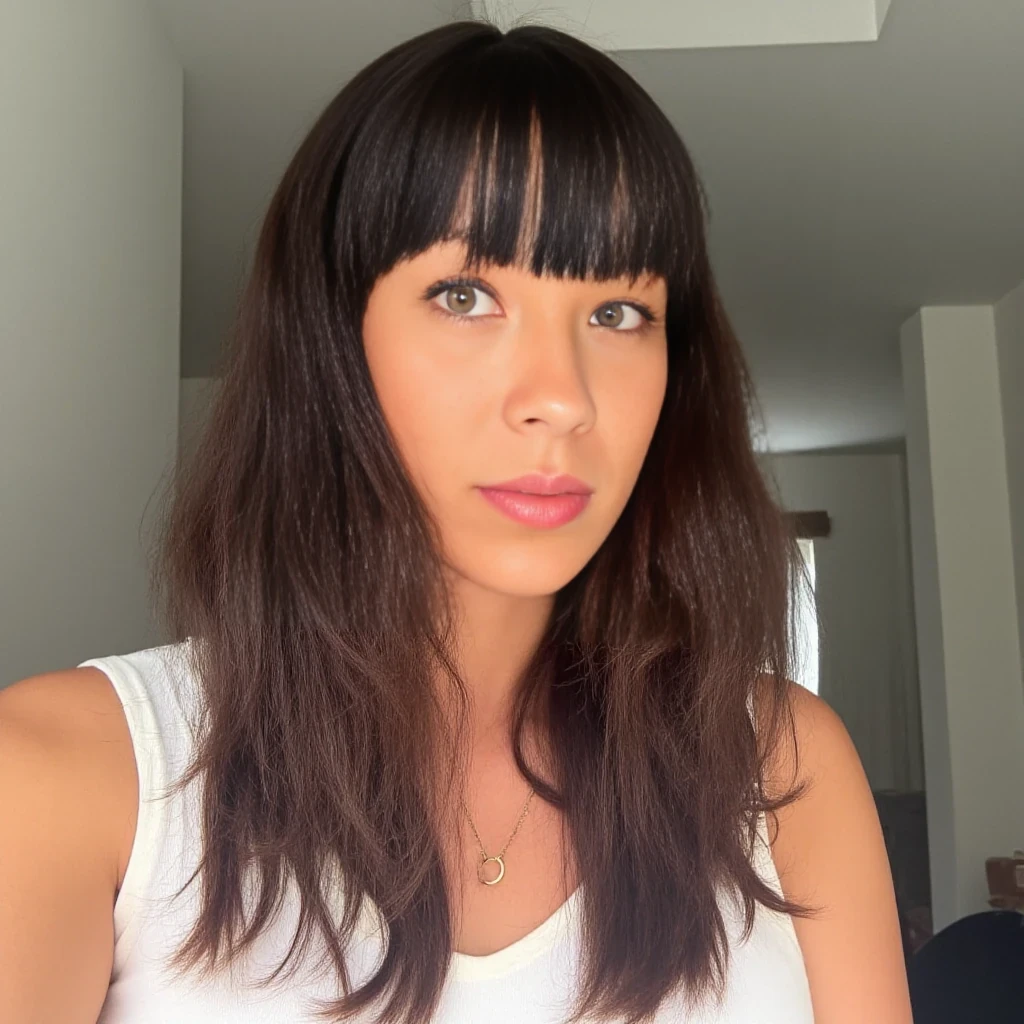 Portrait of a beautiful 30-year-old german woman with straight dark brown hair and bangs, Slim body, tanned, tall