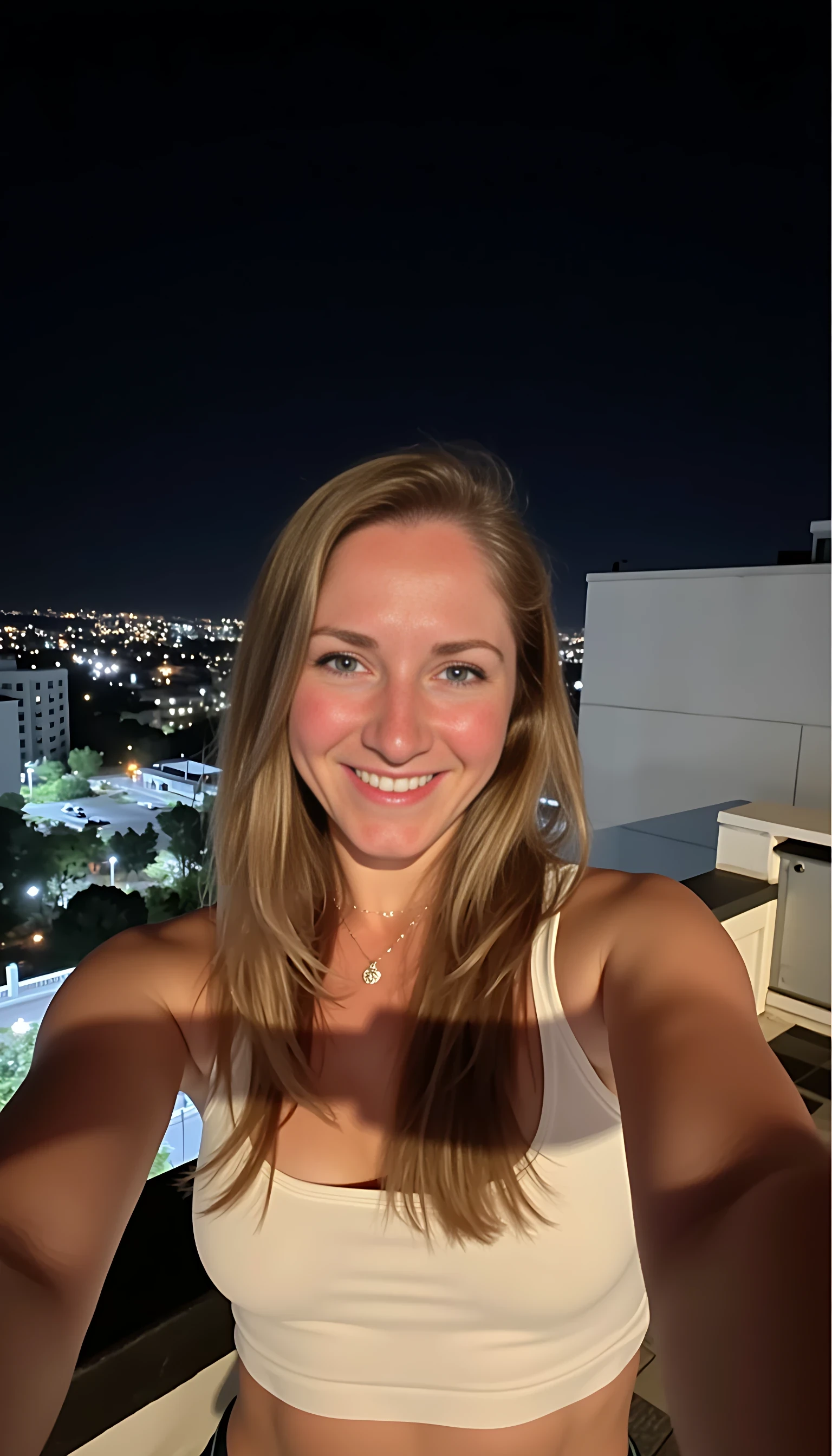 IMG_1343.HEIC, CSTMDL woman selfie on a nighttime rooftop, wearing a crop top,
low-quality Snapchat selfie