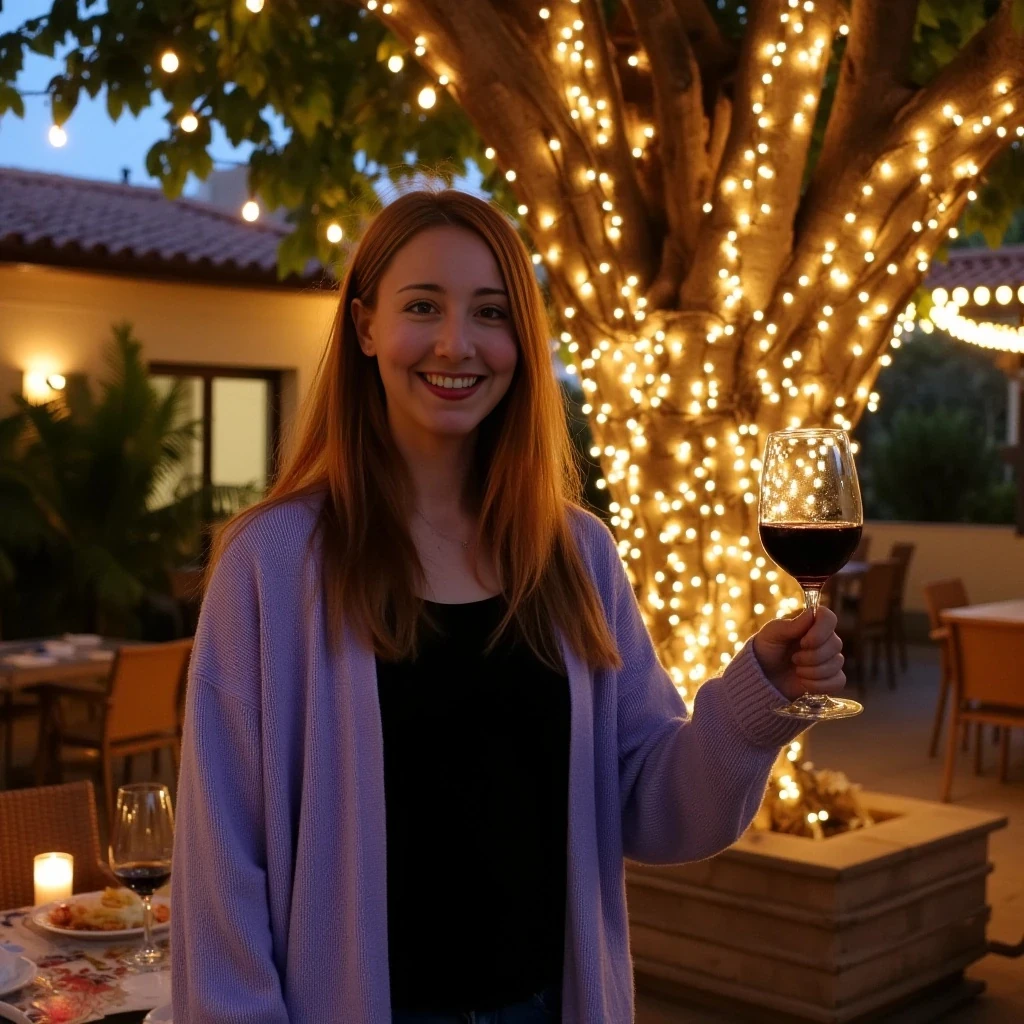 A full body shot photo of a woman standing outdoors at a cozy, warmly lit patio in the evening, with soft, glowing lights wrapped around a tree behind them creating a charming atmosphere. The image is rich in detail, with warm tones and clear textures throughout. The woman has fair skin, a slim build, and long reddish-blonde hair, also worn loose. She is smiling warmly at the camera, holding a glass of red wine in her right hand, and wears a soft-textured lavender cardigan over a black top. The background features a large tree with sparkling string lights wrapped around its trunk and branches, adding a magical touch to the scene. The setting suggests a private outdoor seating area, with elements like terracotta-tiled roofing, greenery, and rattan chairs contributing to a serene, inviting vibe. The overall composition is balanced, with the woman framed against the softly glowing tree, and the lighting enhances the warm, intimate feel of a quiet evening shared among friends. The details are vivid, with textures of clothing, skin, and background elements clearly visible, while the warm lighting creates a relaxed and joyful mood