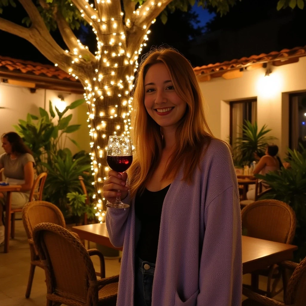 A full body shot photo of a woman standing outdoors at a cozy, warmly lit patio in the evening, with soft, glowing lights wrapped around a tree behind them creating a charming atmosphere. The image is rich in detail, with warm tones and clear textures throughout. The woman has fair skin, a slim build, and long reddish-blonde hair, also worn loose. She is smiling warmly at the camera, holding a glass of red wine in her right hand, and wears a soft-textured lavender cardigan over a black top. The background features a large tree with sparkling string lights wrapped around its trunk and branches, adding a magical touch to the scene. The setting suggests a private outdoor seating area, with elements like terracotta-tiled roofing, greenery, and rattan chairs contributing to a serene, inviting vibe. The overall composition is balanced, with the woman framed against the softly glowing tree, and the lighting enhances the warm, intimate feel of a quiet evening shared among friends. The details are vivid, with textures of clothing, skin, and background elements clearly visible, while the warm lighting creates a relaxed and joyful mood