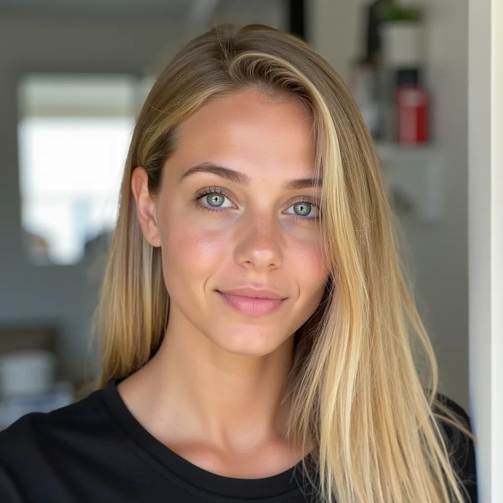 Portrait of a young women, 20 years old, with straight blond hair and blue eyes