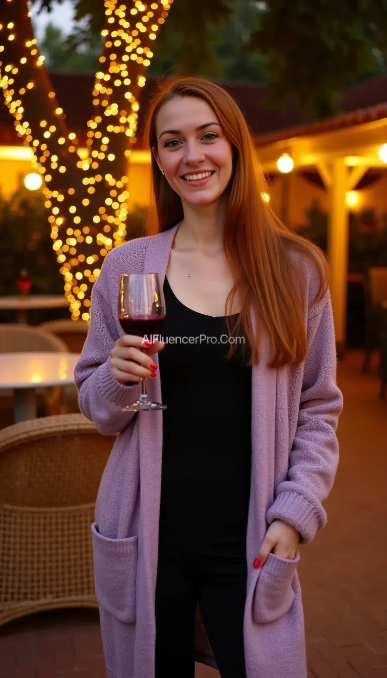 A full body shot photo of a woman standing outdoors at a cozy, warmly lit patio in the evening, with soft, glowing lights wrapped around a tree behind them creating a charming atmosphere. The image is rich in detail, with warm tones and clear textures throughout. The woman has fair skin, a slim build, and long reddish-blonde hair, also worn loose. She is smiling warmly at the camera, holding a glass of red wine in her right hand, and wears a soft-textured lavender cardigan over a black top. The background features a large tree with sparkling string lights wrapped around its trunk and branches, adding a magical touch to the scene. The setting suggests a private outdoor seating area, with elements like terracotta-tiled roofing, greenery, and rattan chairs contributing to a serene, inviting vibe. The overall composition is balanced, with the woman framed against the softly glowing tree, and the lighting enhances the warm, intimate feel of a quiet evening shared among friends. The details are vivid, with textures of clothing, skin, and background elements clearly visible, while the warm lighting creates a relaxed and joyful mood, nude