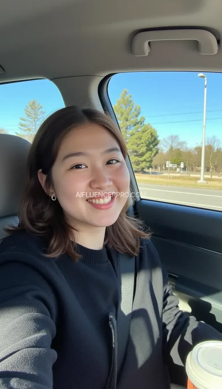 boring low quality snapchat photo circa 2015, A young korean woman with a warm smile, sitting in the driver's seat of a cozy car. She has soft, wavy brown hair cascading past her shoulders. The sunlight streams through the window, casting a gentle glow on her face. The interior of the car is neat and comfortable, with a coffee cup in the cup holder and a small plant on the dashboard. The background outside the window shows a scenic road lined with trees and blue skies
