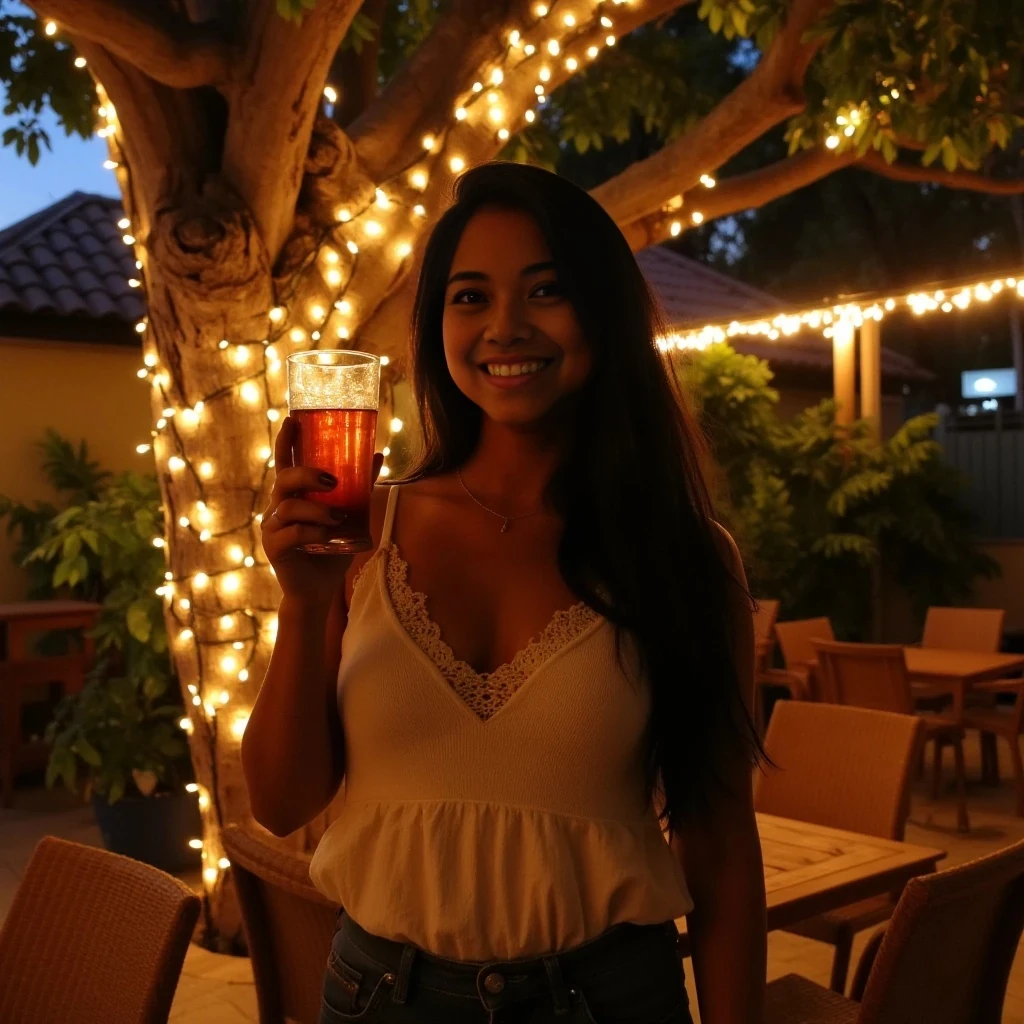 A full body shot photo of a woman standing outdoors at a cozy, warmly lit patio in the evening, with soft, glowing lights wrapped around a tree behind them creating a charming atmosphere. The image is rich in detail, with warm tones and clear textures throughout. The woman stands at 5'0" and has tanned skin, a curvy petite build, and long silky black hair, also worn loose. She is smiling warmly at the camera, holding a glass of sweet tea in her right hand, and wears a soft-textured cami top accented with lace. The background features a large tree with sparkling string lights wrapped around its trunk and branches, adding a magical touch to the scene. The setting suggests a private outdoor seating area, with elements like terracotta-tiled roofing, greenery, and rattan chairs contributing to a serene, inviting vibe. The overall composition is balanced, with the woman framed against the softly glowing tree, and the lighting enhances the warm, intimate feel of a quiet evening shared among friends. The details are vivid, with textures of clothing, skin, and background elements clearly visible, while the warm lighting creates a relaxed and joyful mood