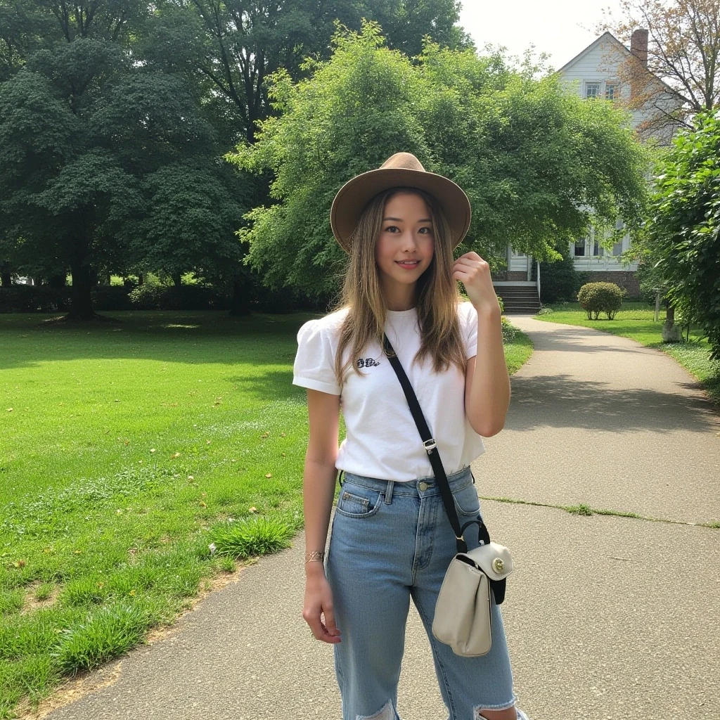 boring low quality snapchat photo circa 2015, cute woman, full outfit, in the park