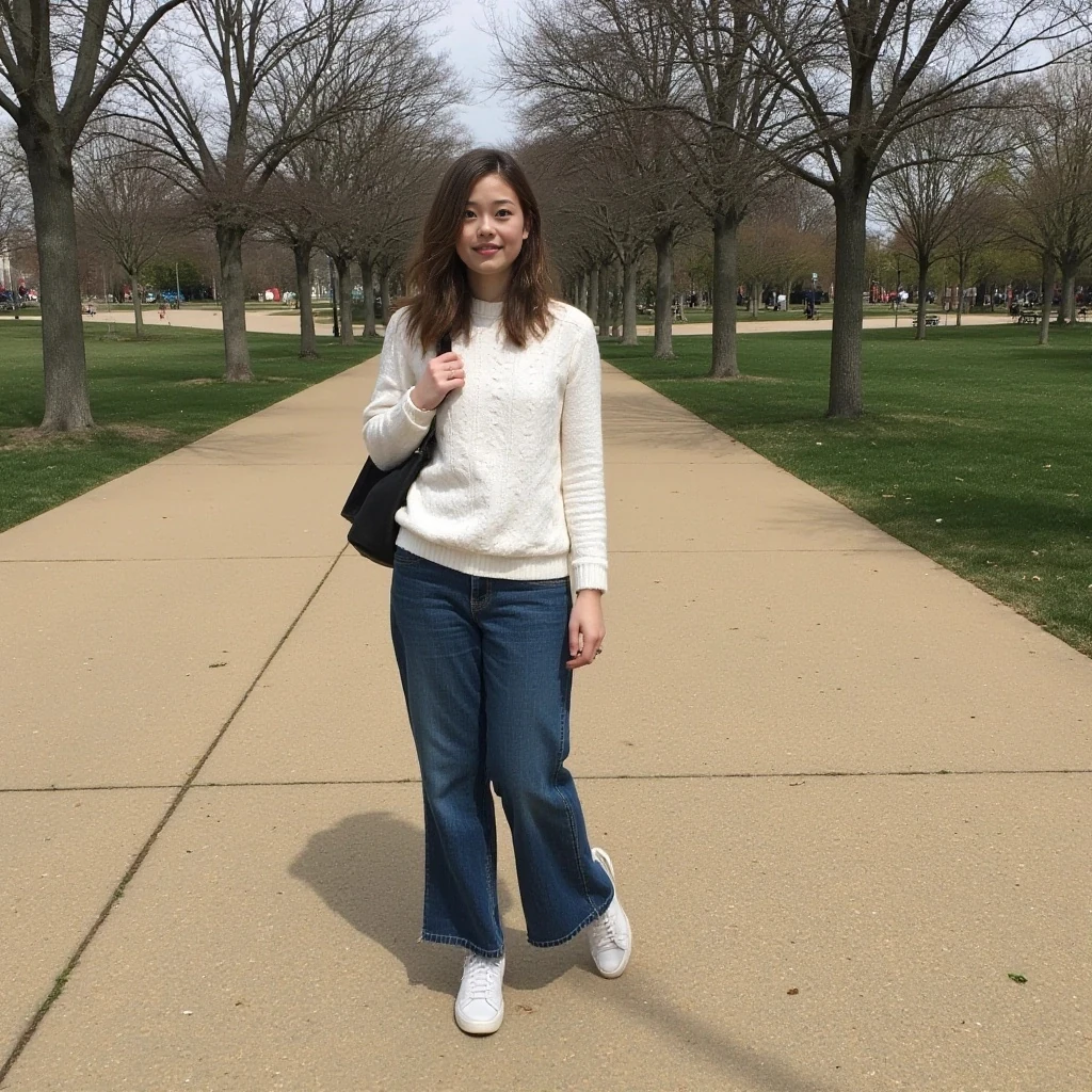 boring low quality snapchat photo circa 2015, cute woman, full outfit, in the park