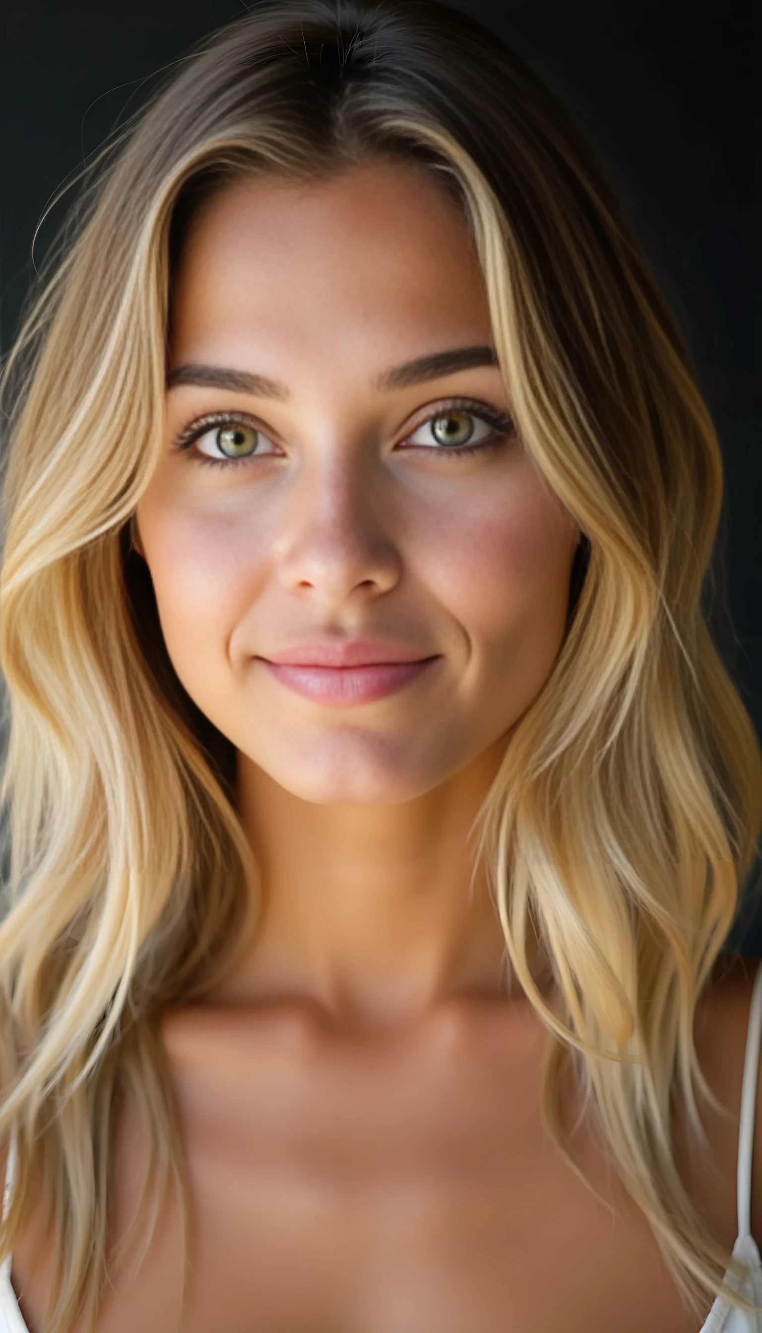 A portrait photo of a beautiful 20 years old young model, mixed ethnicity of half white American half Brazilian, with blonde hair, ultra detailed eyes with sharp iris reflections, slight smile, studio high-quality