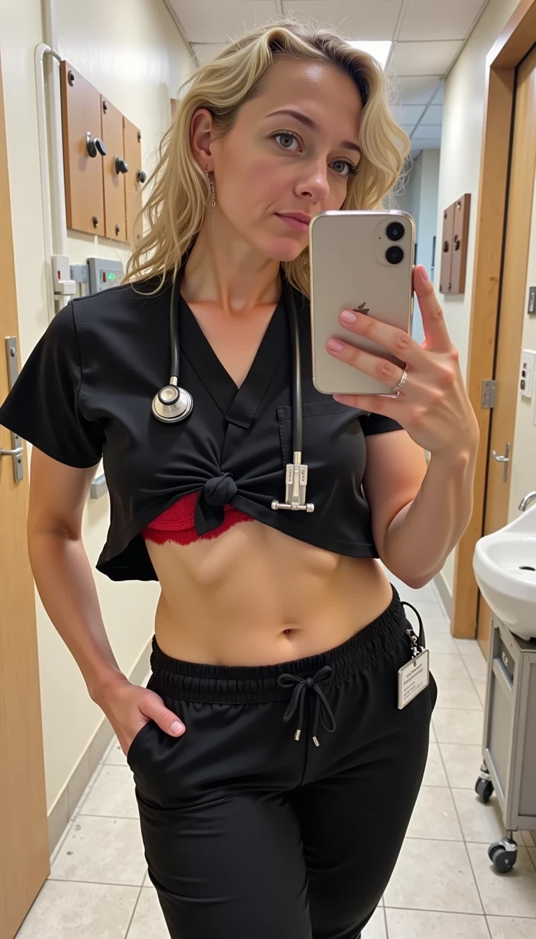 A fashionable mid-30s CSTMDL woman posing indoors in a hospital bathroom. She has shoulder length very curly blonde hair and tanned skin. She is thin but athletic and toned. She has a tiny waist and a very sexy stomach. She wears black tight fitting nurse scrubs, with a name tag hanging from her pocket and a stethoscope draped around her neck. The style is an informal selfie, three quarter body shot mirror selfie in the bathroom. Her expression is seductive. Her skin is super realistic. She is raising her scrub top up with one hand to reveal a red lace bra underneath. iPhone portrait. Her body is sexy. 
