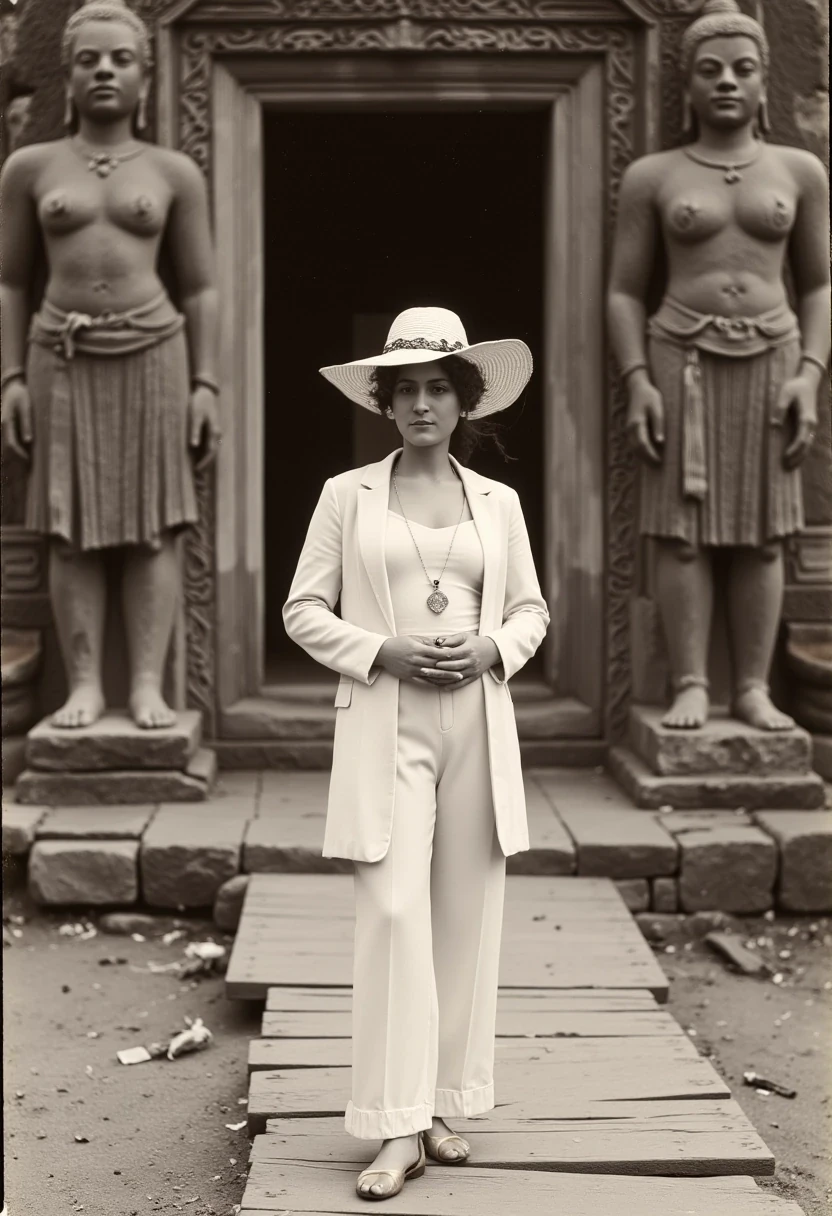 A photo of a woman CSTMDL, hair tied, stands confidently in front of an ancient Cambodian Khmer temple, wearing a vintage 1900 inspired, cream-colored suit with a long coat and wide-legged trousers. She wears a small pendant. The photo is an old black and white type. She dons a vintage white explorer hat adorned with a decorative band, and her hands are gently crossed on her belly. The background features large stone statues and intricate carvings, evoking a sense of historical grandeur. The wooden walkway beneath her adds a touch of rustic charm to the scene.