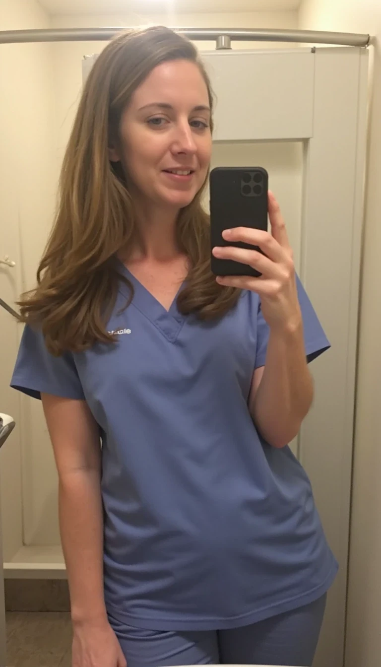 iphone 15 mirror selfie of 30s woman CSTMDL with long sandy brown hair in single person public bathroom. She is wearing blue scrubs. Her shirt is pulled up. her breasts are visible. The iPhone is black
