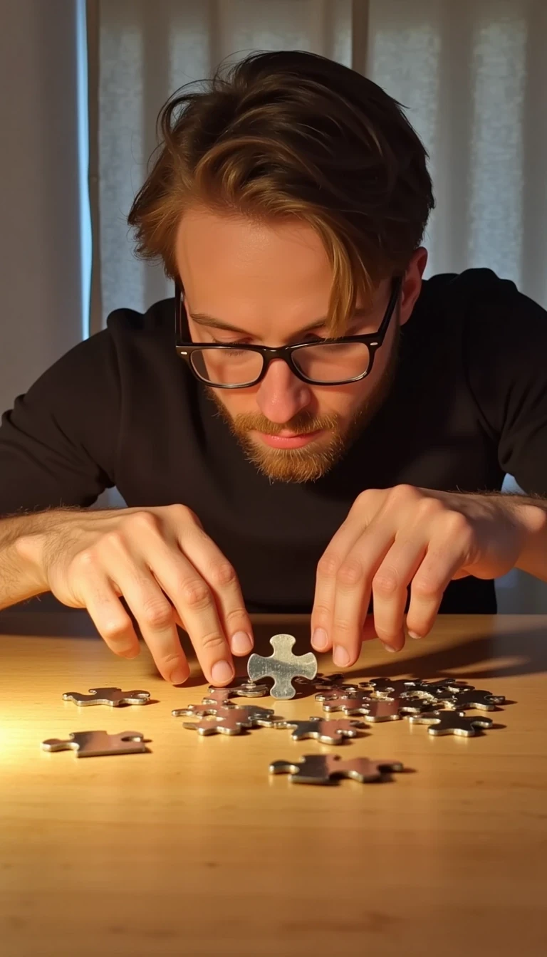
Samuel is putting a puzzle together but all the pieces are onfire

Hes wearing glasses and looks calm and focused. 
