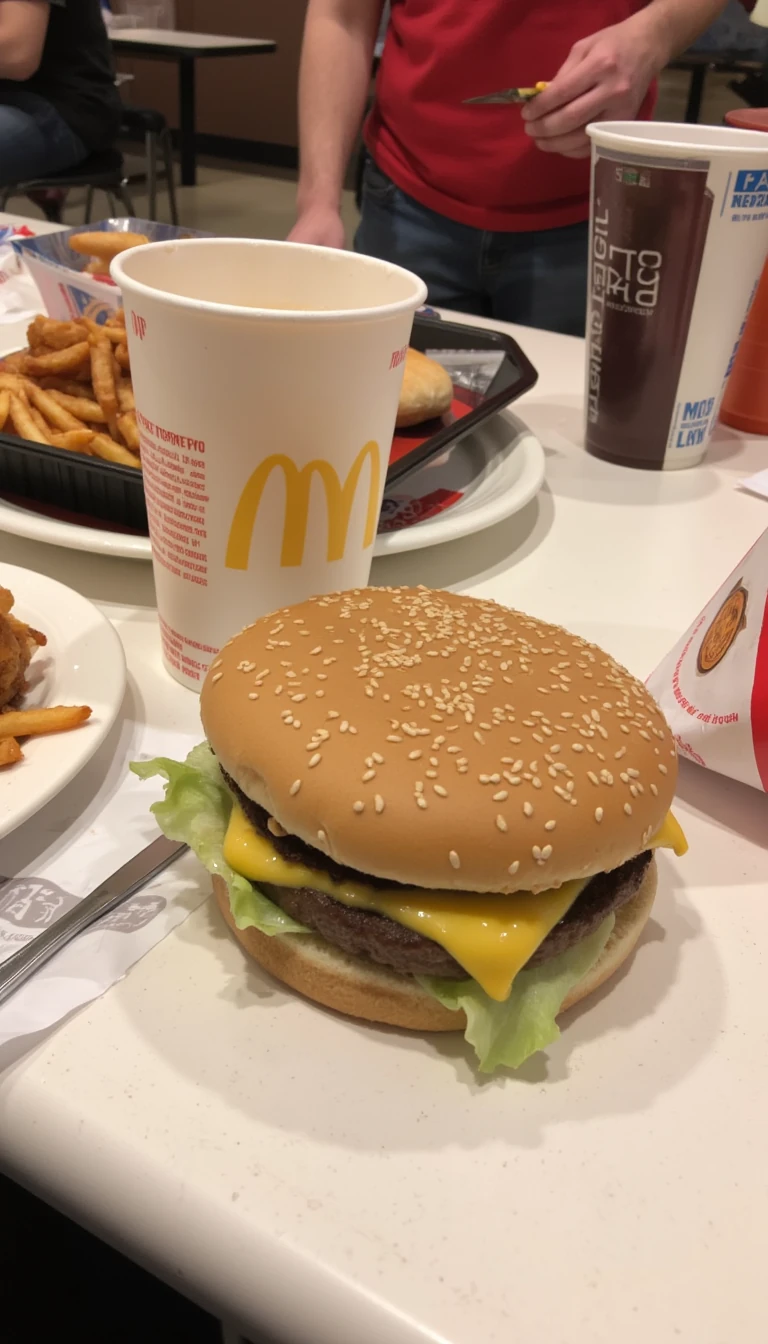 boring low quality snapchat photo circa 2015, this picture is being taken in a McDonalds. The picture is of a big mac with a paper Mcdonalds cup next to it. There are other food dishes and drink glasses on the table as well. 