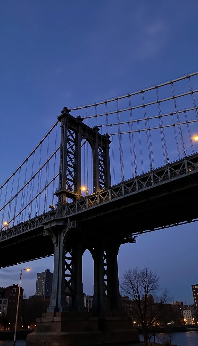 photo of woman CSTMDL, Create a stunning visual representation of the Williamsburg Bridge, focusing on its intricate steel structure and architectural features. The image should capture the bridge at dusk, with a gradient sky transitioning from deep navy blue to soft lavender, emphasizing the serene atmosphere. Incorporate street lights illuminating parts of the bridge with a warm glow, contrasting against the cool background. Frame the composition with a low-angle perspective, showcasing the towering vertical supports and the intricacy of the cable-stayed design. The image should have a slight vignette effect to draw attention to the central structure while retaining an air of mystery in the shadowy areas. Use a moderate depth of field to keep the bridge in sharp focus while creating a blurred effect in the cloud coverage above. The style should reflect a blend of realism and artistic interpretation, suitable for an urban landscape art piece.