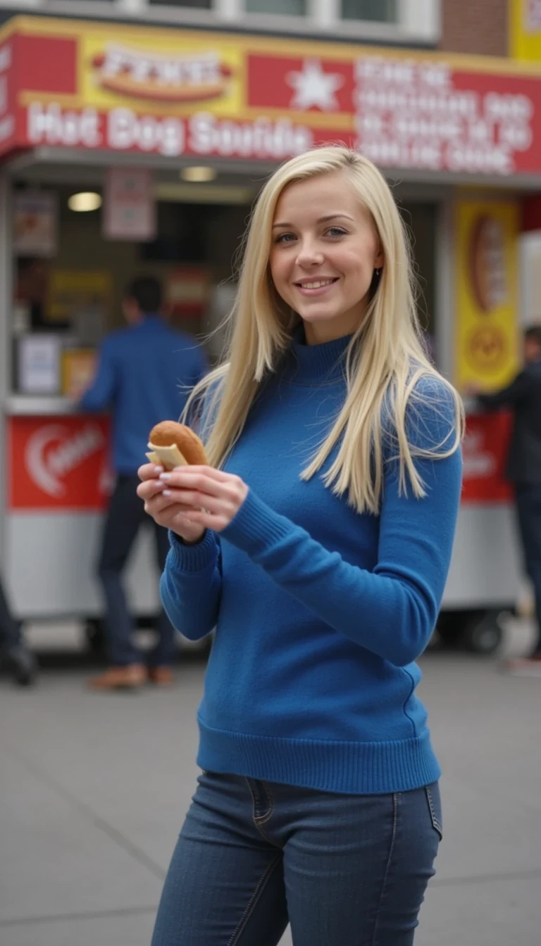  CSTMDL Alice wearing a blue sweater and tight blue jeans with blonde hair is standing in front of a New York City hot dog street vendor holding a hot dog. She is on a street corner near Times Square smiling 