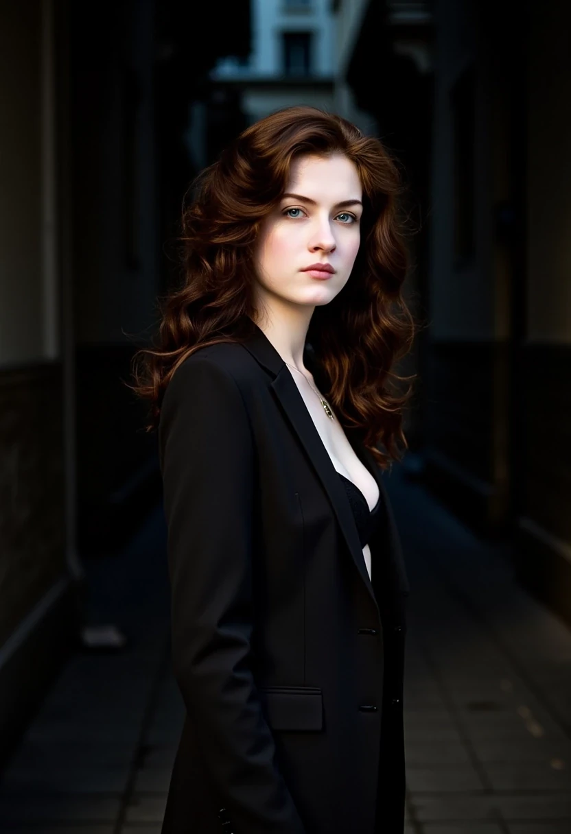 Woman CSTMDL, brunette, blue eyes, her hair are loose, she’s beautiful with a cold smile, wearing a tailored haute couture set, black blazer, black skirt, black tights and black high heels, elegant and modern, but very sexy. She also wears a white bustier under the blazer. Her expression is haughty and contemptuous. She looks like someone cold and unfriendly. Her skin tone is very white, (pallid), almost cadaveric. She’s wearing a small pendant. The background is a small deserted Parisian alley by (night). The light is very low, making the scene a bit worrying and frightening.