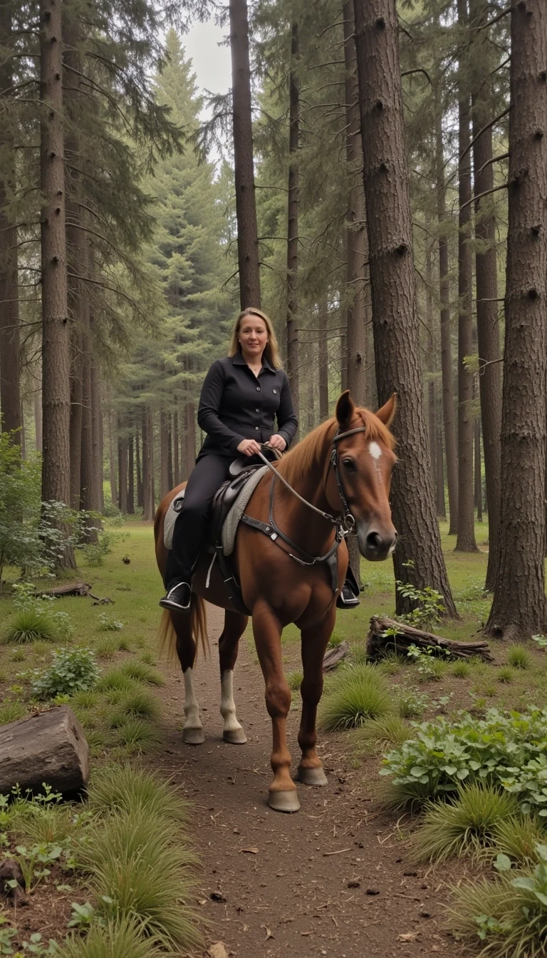 Circa 1885 woman riding horse back through a forest
