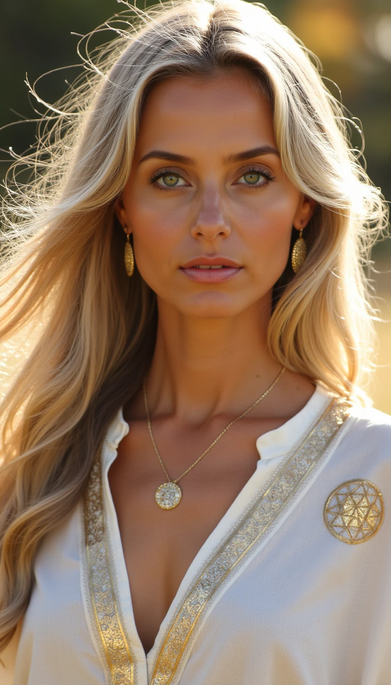 A strikingly magnetic female mentor with an ethereal aura. Ageless but young elegance, soft glowing skin with warm golden undertones. Long flowing silver-blonde hair with soft waves, shimmering under the light. Eyes are light gray with gold flecks, calm yet captivating. Wearing a flowing white silk blouse with subtle gold embroidery of sacred geometry patterns (flower of life, merkaba). Minimal yet elegant gold jewelry. Lighting is soft and cinematic with a warm golden glow and bokeh orbs in the background. She radiates wisdom, calm authority, and spiritual magnetism.