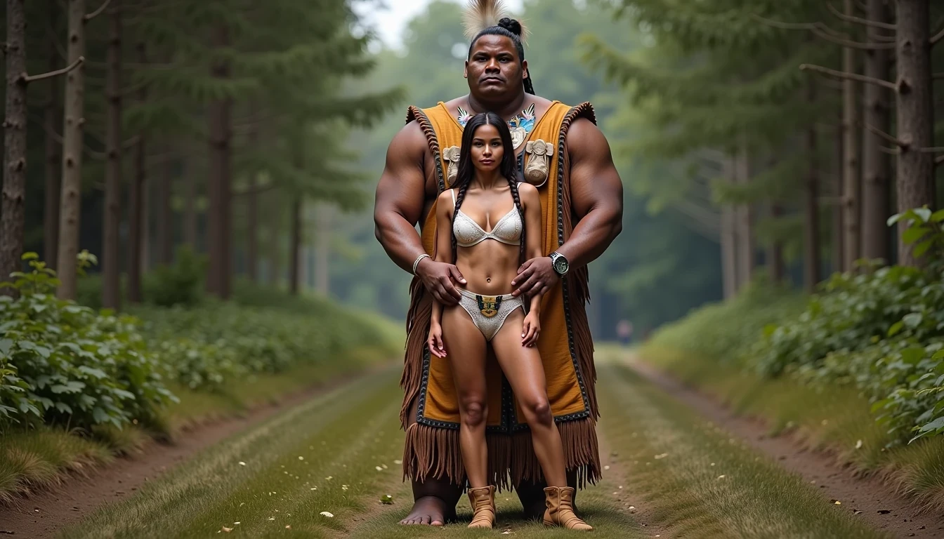 photo of woman CSTMDL, a medium shot photo of, a slim woman, her full body is in the scene, she has a slender petite build with petite small boobs and a flat chest, she has small dark skin nipples with long pointy nipple ducts and small dark skinned areolas, her hair is styled with two long braids she has eagle plumes in her hair, she is not wearing earrings, she is wearing daisy duke denim booty shorts, she is wearing a native American style vest in a golden yellow color over top of her underwear, her vest is open exposing her strapless bra, her bra is a strapless white lace bra, she is wearing white lace panties, she is wearing ankle height smoked hide moccasins, natural lighting, natural light, amateur photography, shot on an iPhone, she is standing with her legs spread wide apart in a densely wooded forest, she is maintaining intense eye contact with the camera, there is a giant native American fat man twice her height kneeling directly behind her holding onto gripping the woman's waistline, the man is holding her in front of him, the man is a real giant twice the height of an average male, public setting, Hyper realism, ultra-sharp focus, highly detailed, natural lighting, natural light, amateur photography,