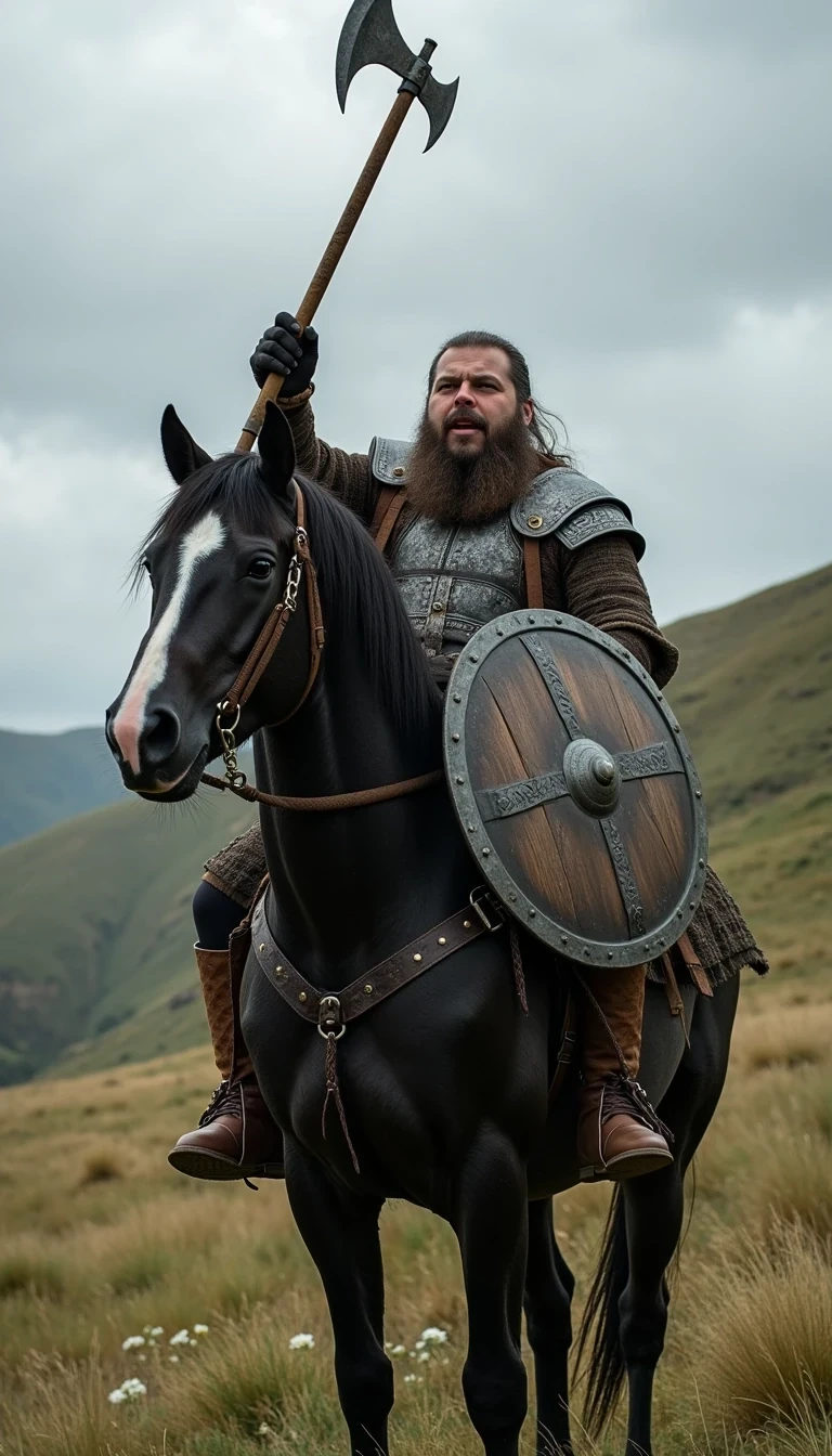 CSTMDL as bearded Viking with a viking sax and stylish viking Plate armour sitting on a black horse with white bless on the nose on the grassi hill and hold the viking sax high over the head with the left hand, he cry loud out , in his right hand he hold a typically used Viking shield

