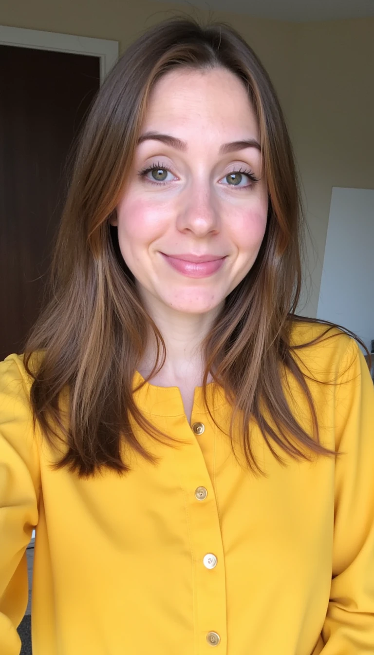 boring low quality snapchat photo circa 2015, finance girl, girl next door, half Dutch half British, light brown hair, yellow blouse
