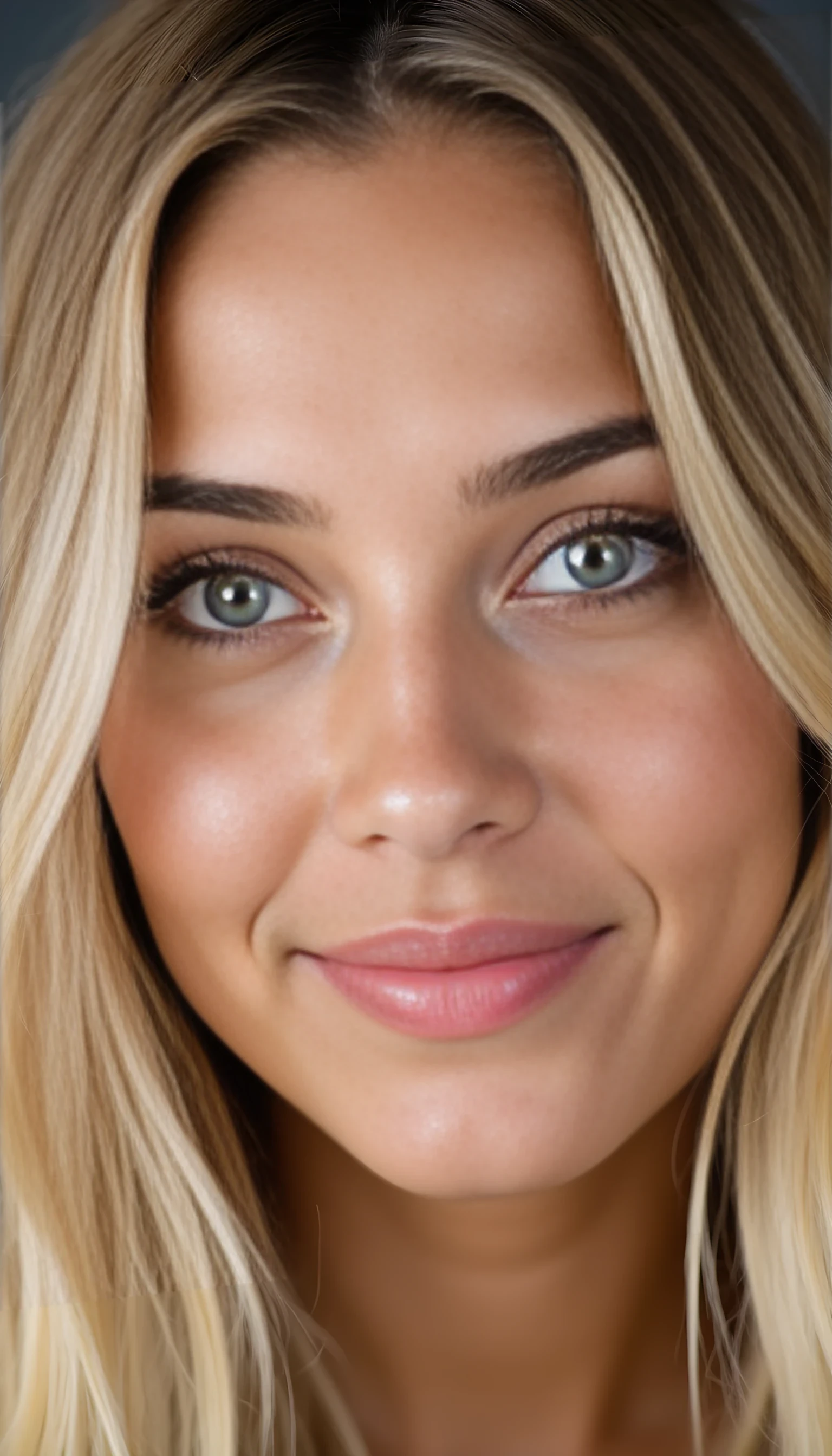 A portrait photo of a beautiful 20 years old young model, mixed ethnicity of half white American half Brazilian, with blonde hair, ultra detailed eyes with sharp iris reflections, slight smile, studio high-quality