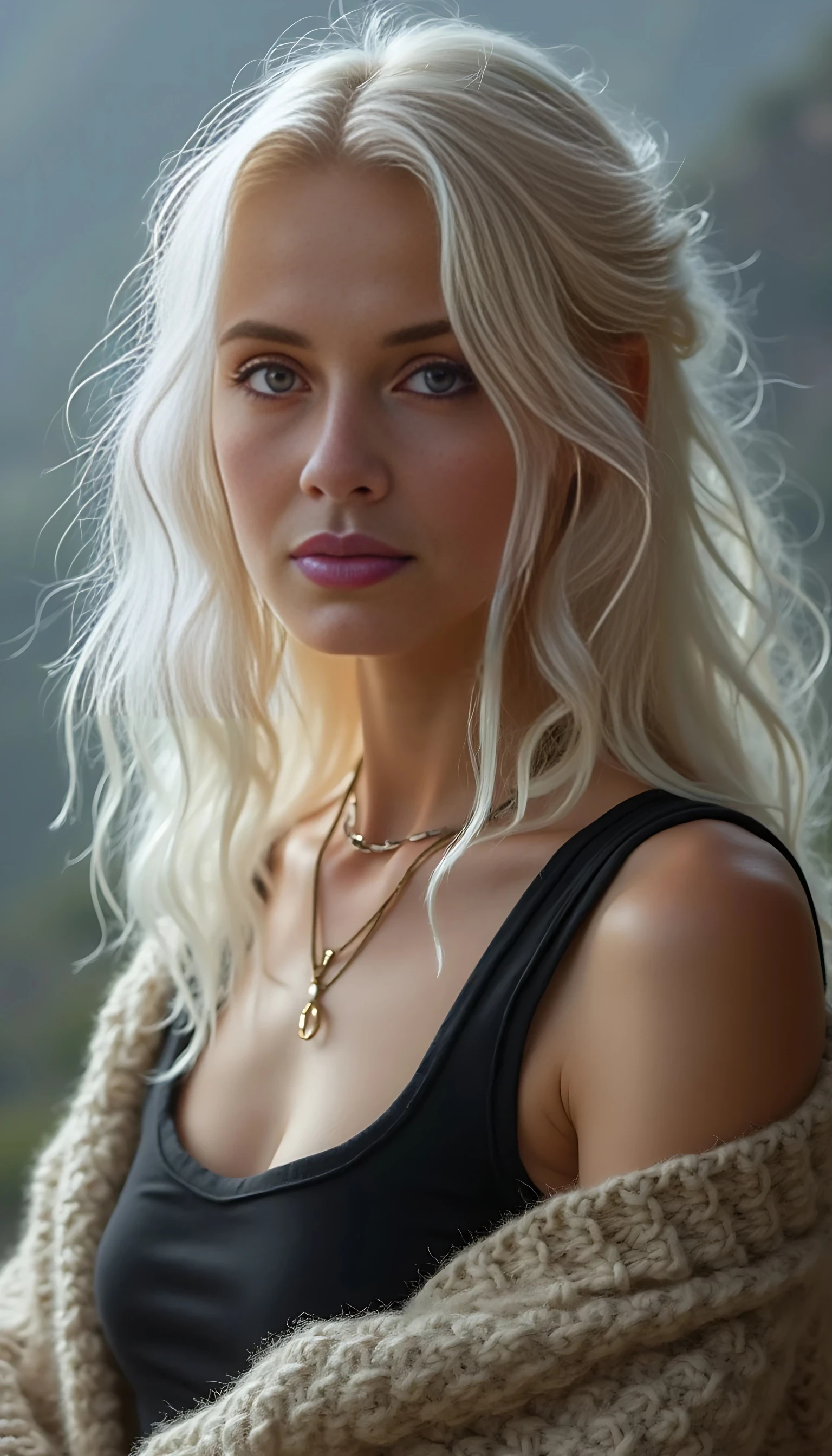 Luna with ice blonde hair, wearing an oversized sweater draped off one shoulder