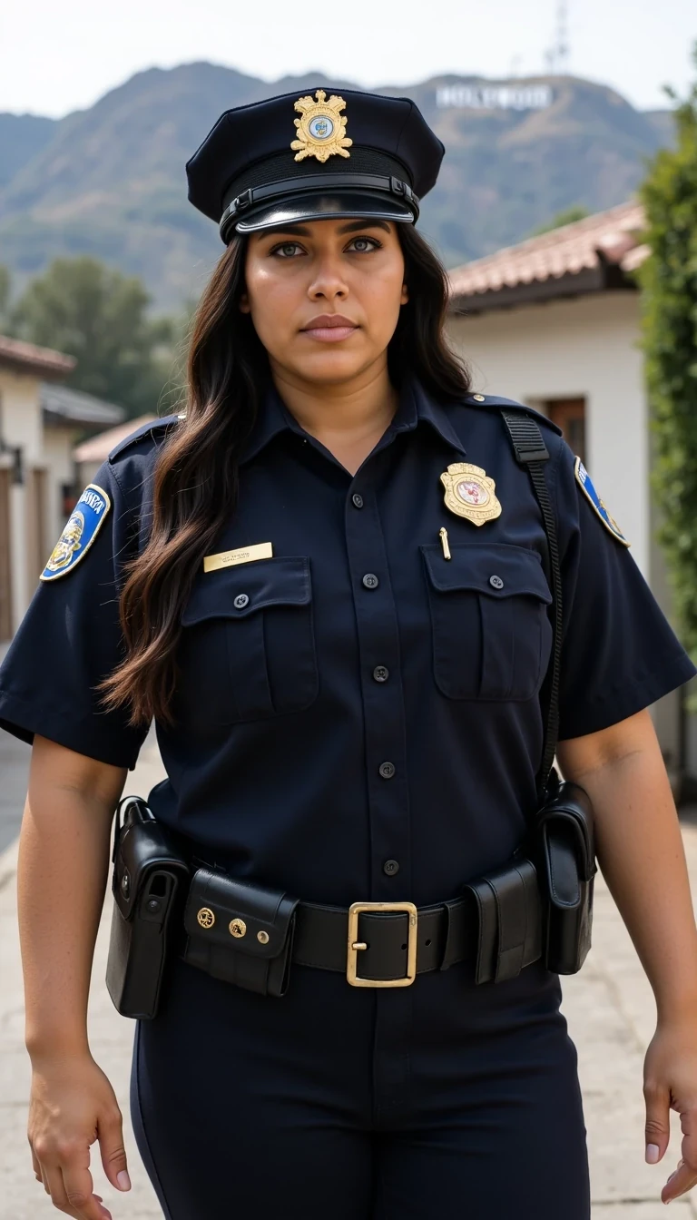 photo of woman CSTMDL, very realistic picture of  5'5 heigh woman with big boobs hidden unnder police uniform, standing in front of hoolywood hill.

