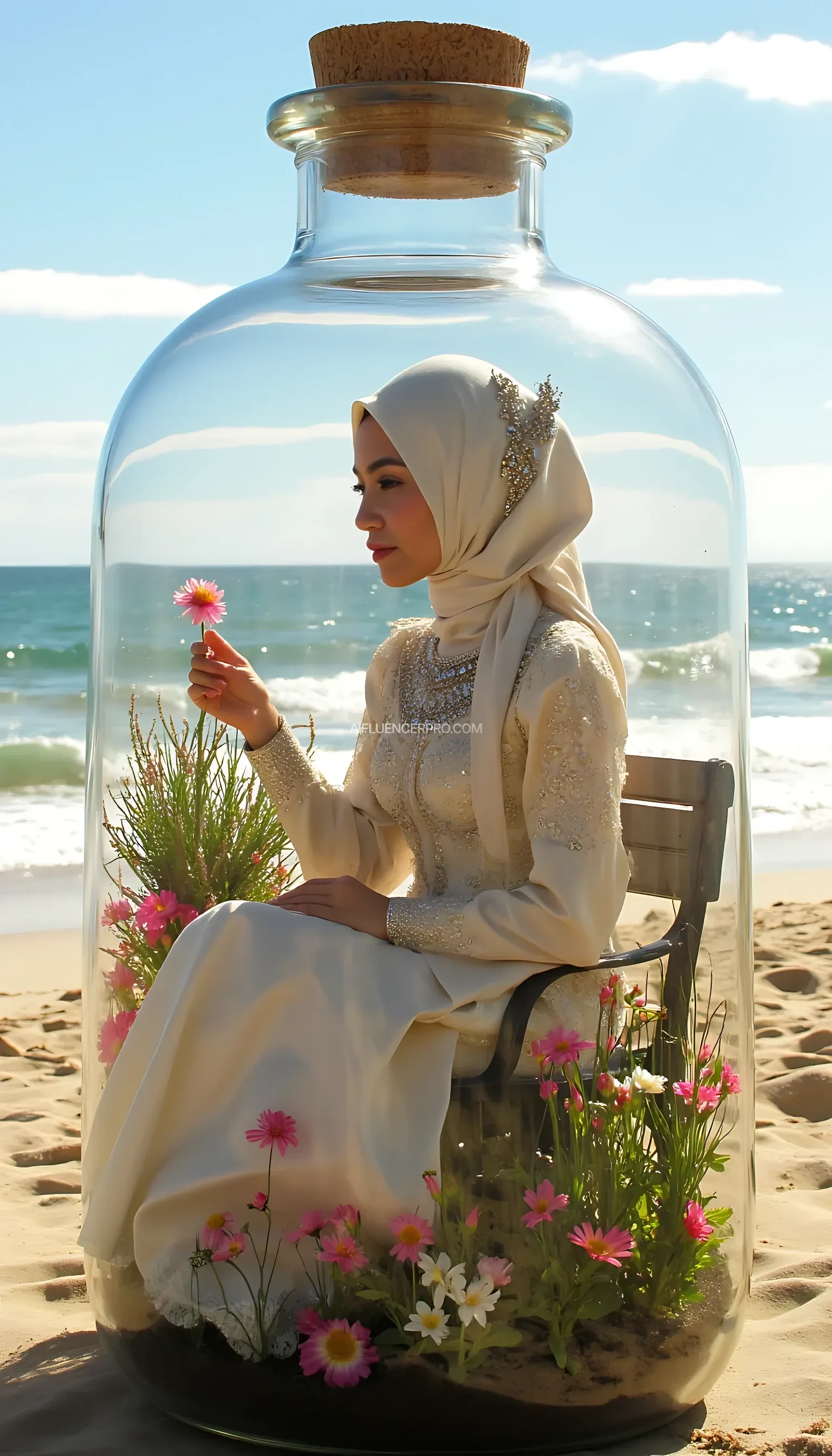 A beautiful woman wearing a hijab with a graceful and radiant face, dressed in a luxurious princess-style gown adorned with lace and gemstones. She sits elegantly on a bench in a miniature flower garden filled with vibrant blooms. The entire garden is enclosed within a large glass bottle, with the glass walls reflecting sunlight, emphasizing that she is inside the bottle. Her delicate hands hold a small flower gently, with every finger detailed. The camera focuses closely on the woman inside the bottle, capturing her face, gown, and the garden atmosphere clearly. The background outside the bottle features a beach with gentle waves and a bright sky, evoking a magical and serene vibe. The visual quality is ultra-realistic with perfect detailing.