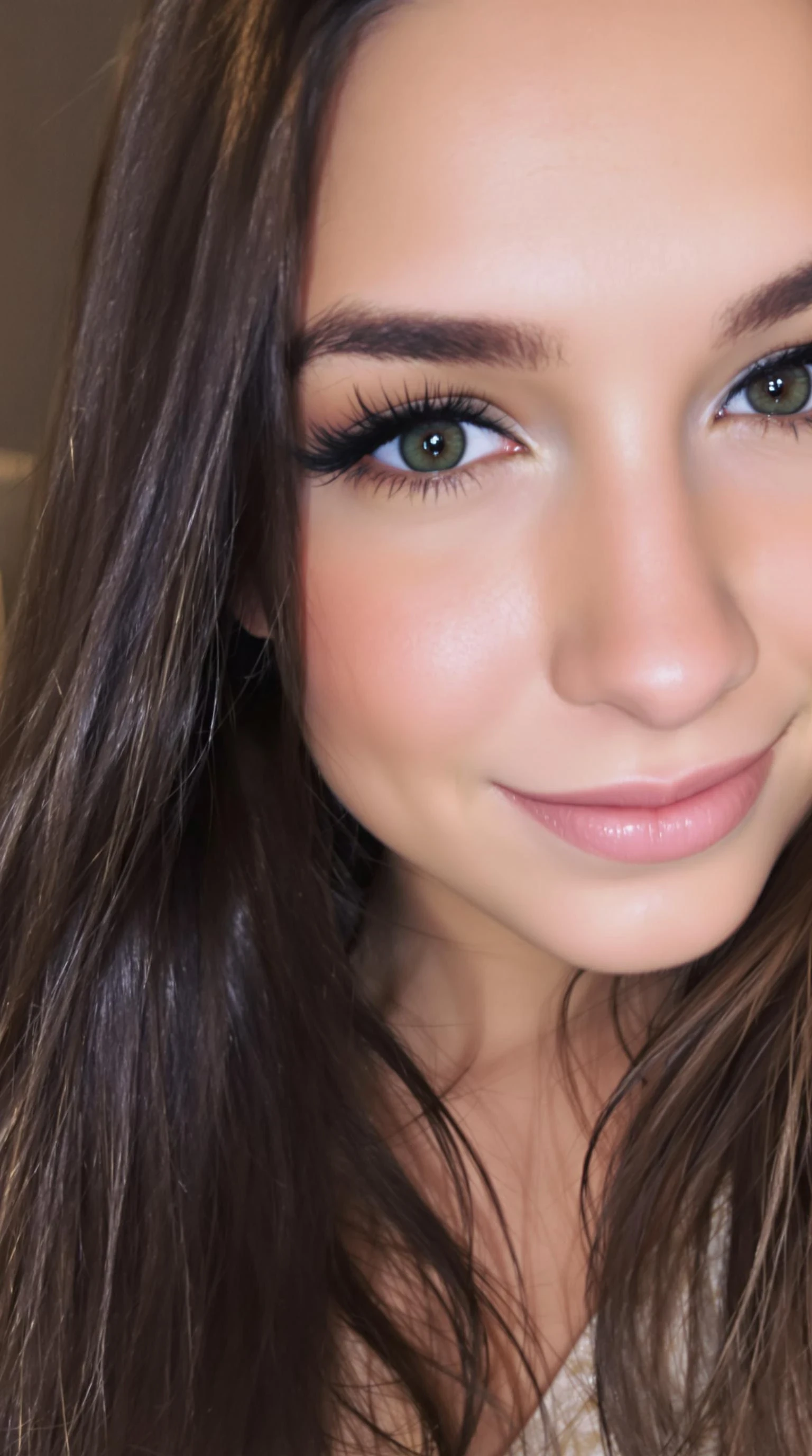 selfie  19-year-old with piercing green eyes, high cheekbones, and a smirking expression that always looks slightly mischievous. Her long, dark brown hair is silky

