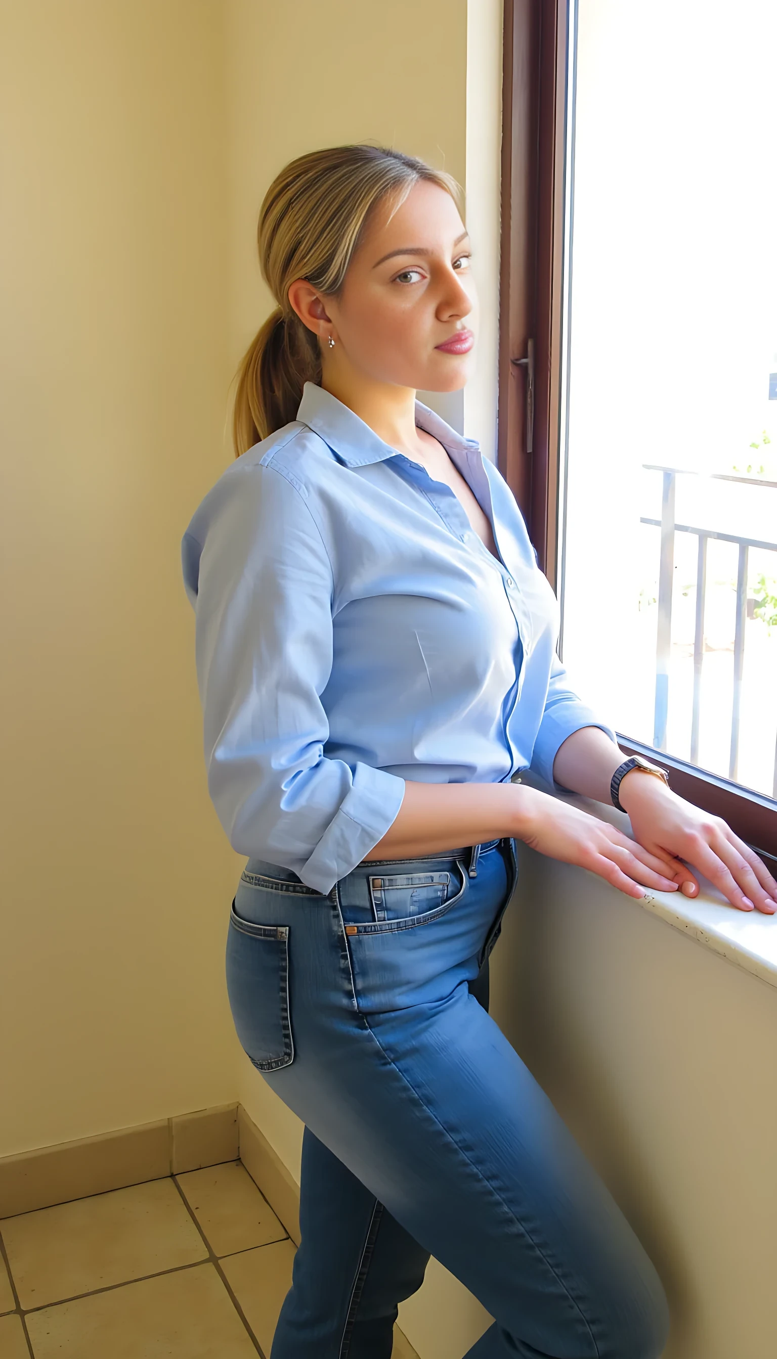 A woman stands by a window wearing a light blue top and high-waisted blue jeans, with the top button undone. She has long highlighted hair pulled back into a ponytail and leans slightly with her hands resting on the sides of the window. Sunlight filters through, creating a warm and relaxed atmosphere, with neutral-toned tiles and a soft focus on the exterior view.