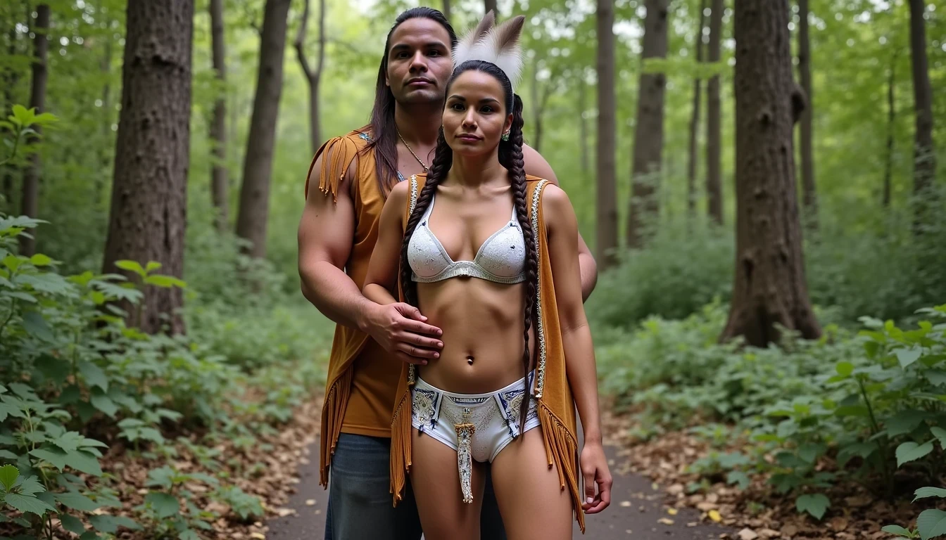 photo of woman CSTMDL, a medium shot photo of, a slim woman, her full body is in the scene, she has a slender petite build with petite small boobs and a flat chest, she has small dark skin nipples with long pointy nipple ducts and small dark skinned areolas, her hair is styled with two long braids she has eagle plumes in her hair, she is not wearing earrings, she is wearing daisy duke denim booty shorts, she is wearing a native American style vest in a golden yellow color over top of her underwear, her vest is open exposing her strapless bra, her bra is a strapless white lace bra, she is wearing white lace panties, she is wearing ankle height smoked hide moccasins, natural lighting, natural light, amateur photography, shot on an iPhone, she is standing with her legs spread wide apart in a densely wooded forest, she is maintaining intense eye contact with the camera, there is a giant native American fat man twice her height kneeling directly behind her holding onto gripping the woman's waistline, the man is holding her in front of him, the man is a real giant twice the height of an average male, public setting, Hyper realism, ultra-sharp focus, highly detailed, natural lighting, natural light, amateur photography,
