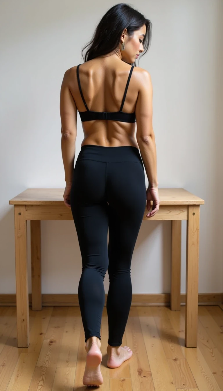 bending over a table with ass out in short black yoga pants 