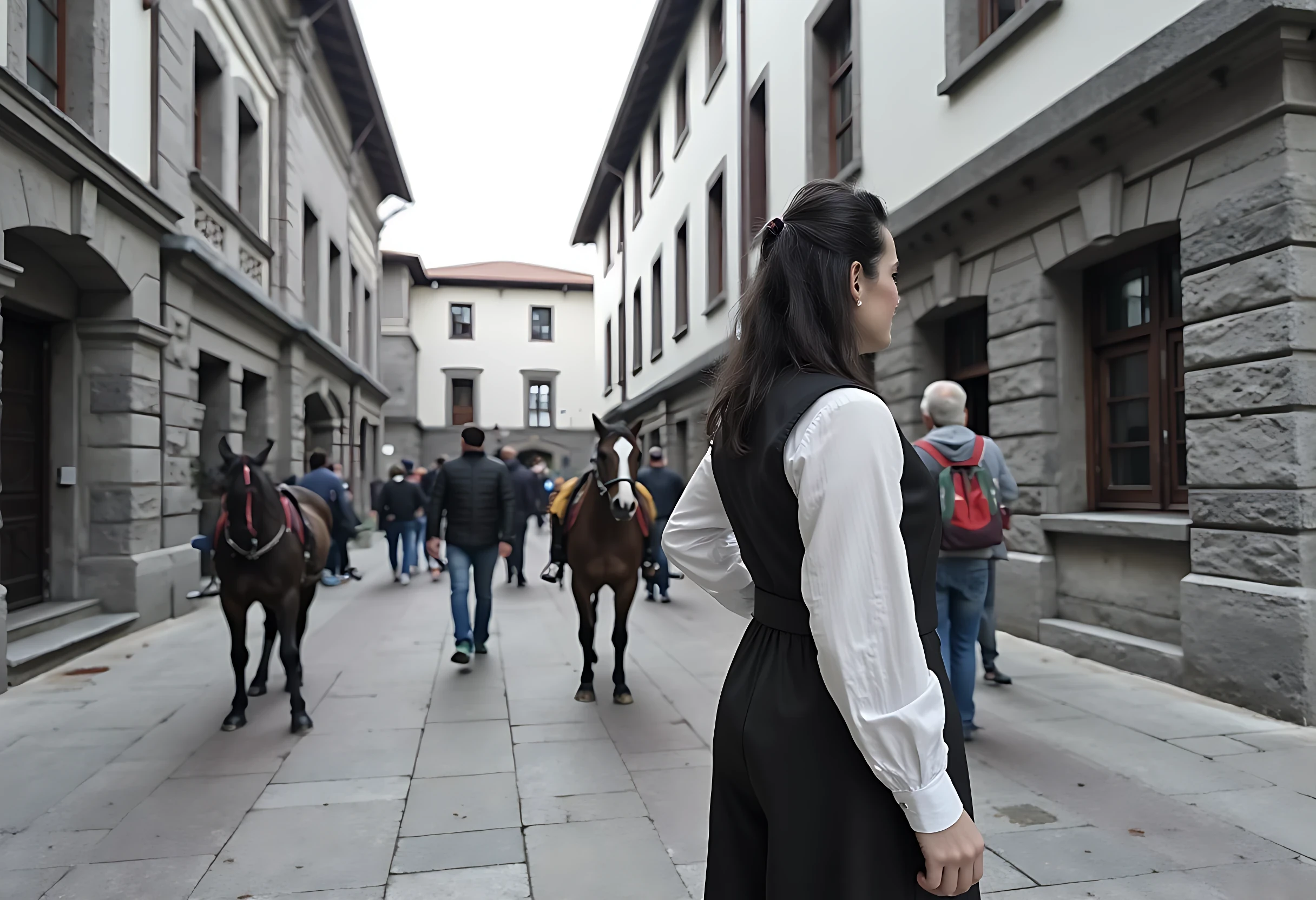 photo of brunette woman CSTMDL bw photo with hude grain from circa 1680, she have dress from 17. century an walk at bussy street ful of people, and horses