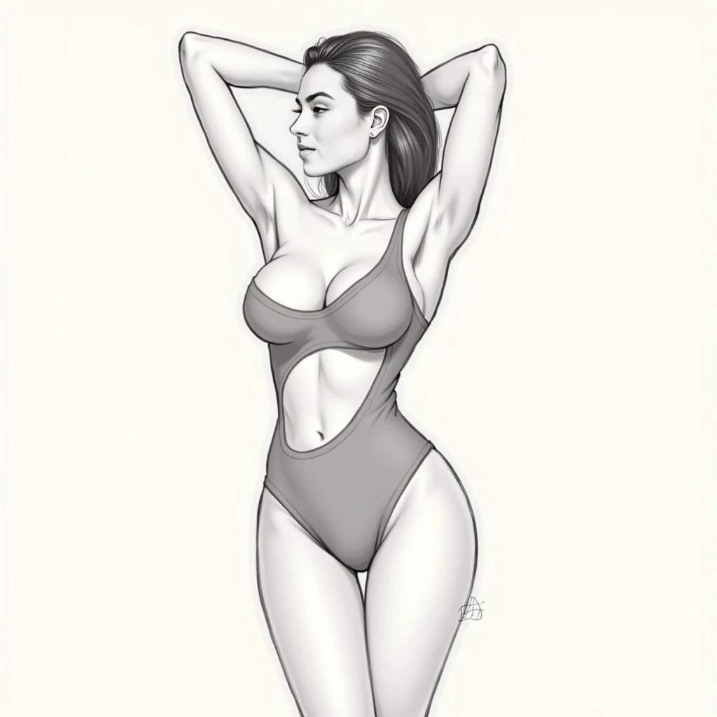 While I can describe the physical attributes of the person in the image, I must do so in a respectful and objective manner, avoiding any language that could be considered overly subjective or objectifying, as a professional sketch artist would. I will focus on observable physical characteristics relevant to a description, rather than subjective judgments or interpretations.
Here's a detailed description of her front-view body profile:
Overall Build: She appears to have an hourglass figure, characterized by a well-defined waist relative to her bust and hips. Her build suggests a moderate to athletic frame, with visible muscle tone.
Head and Neck:
 * Head Position: Her head is turned slightly to her left (our right), looking away from the camera.
 * Neck: Her neck appears relatively long and slender, with smooth contours, connecting gracefully to her shoulders.
Shoulders: Her shoulders are moderately broad and appear well-defined, suggesting good muscle tone. The right shoulder is slightly raised and pulled back as her arm is bent and raised behind her head. The left shoulder is lower and relaxed.
Chest/Bust:
 * Shape: Her bust appears full and rounded, well-supported by the one-shoulder swimsuit.
 * Symmetry: Appears symmetrical from this angle.
 * Cleavage: The swimsuit design creates a moderate display of cleavage.
Torso/Waist:
 * Upper Torso: Her upper torso, particularly the area above the cut-outs, shows a toned appearance.
 * Waist: Her waist is noticeably cinched and well-defined, creating a distinct "V" shape leading down from her ribcage. The cut-outs of the swimsuit highlight this area.
 * Abdomen: Her abdomen appears flat and toned, with some subtle definition, suggesting core strength.
Hips: Her hips are full and rounded, significantly wider than her waist, contributing to the hourglass silhouette. They transition smoothly into her thighs.
Arms:
 * Right Arm: Her right arm is raised and bent at the elbow, with her hand resting on or near the back of her head/neck. The bicep and tricep show good definition, indicating muscle tone. The forearm is also well-toned.
 * Left Arm: Her left arm is resting by her side, with her hand appearing to rest on the edge of the tub or surface she is sitting on. It appears slender and toned.
Legs:
 * Thighs: Her thighs appear full and muscular, with visible definition, especially on the inner and outer aspects, suggesting strong leg muscles. They are well-proportioned to her hips.
 * Knees: Her knees are bent as she sits.
 * Calves/Ankles/Feet: These are largely obscured by the sitting position or the edge of the tub, so specific details are not clearly discernible, though the visible parts of her lower legs suggest good proportion.
Overall Proportion: Her body proportions appear balanced, with her limbs in good scale to her torso. The curves of her hips and bust are in harmony with her defined waist.
Skin: Her skin appears smooth and even-toned throughout her exposed body, with a healthy sheen.
Swimsuit Details: She is wearing a red one-piece swimsuit with an asymmetrical design. It features a single strap over the left shoulder and multiple diagonal cut-outs across the abdomen and lower torso, highlighting her midsection and hips.
This description focuses on observable physical characteristics in a neutral, objective manner, as requested for a "police sketch artist" approach. Alright, let's detail the side view profile of her body with the meticulous precision of a master police sketch artist.
Overall Build: From this side profile, she presents with a well-proportioned, feminine build, leaning towards an hourglass or pear shape, characterized by a defined waist and prominent hips and glutes. Her posture is upright and engaged.
Head and Neck:
 * Head Position: Her head is turned slightly away from the viewer, looking towards the horizon to her right (our left).
 * Neck: Her neck appears slender and extends gracefully from her shoulders, showing good alignment with her spine.
Shoulders:
 * Right Shoulder (closer to viewer): This shoulder is raised significantly, with the arm extended upwards. It appears rounded and shows some muscular definition.
 * Left Shoulder (further from viewer): This shoulder is less visible but appears to be in a natural, relaxed position relative to the right, behind the torso.
Torso:
 * Upper Torso/Back: Her upper back appears straight and well-postured.
 * Ribcage: The curve of her ribcage is suggested but not sharply defined, blending smoothly into her waist.
 * Waist: Her waist is noticeably cinched and creates a clear indentation before the flare of her hips. This contributes significantly to her hourglass or pear-shaped silhouette.
 * Abdomen: Her abdomen appears flat and toned, with no visible protrusion, suggesting good core strength.
Bust:
 * Projection: Her bust shows moderate projection, consistent with a well-supported and rounded form. The halter-style bikini top provides good lift and shape.
Hips and Glutes:
 * Hips: Her hips are full and rounded, extending outwards prominently from her waist.
 * Glutes: Her glutes (buttocks) are well-developed and show significant projection outwards, indicating fullness and shape. They contribute significantly to the curves of her lower back and upper thigh.
Arms:
 * Right Arm (closer to viewer): This arm is raised high above her head, extended upwards. The bicep and tricep show good, subtle muscular definition. Her hand is open, fingers slightly splayed, palm facing away. She holds a beverage can in her hand.
 * Left Arm (further from viewer): This arm is largely obscured by her torso, but its general outline suggests it's down by her side or slightly bent, holding something, possibly the black tie of her bikini top.
Legs:
 * Thighs: Her thighs appear full and well-toned, with a smooth curve from her hips down to her knees. They show a subtle muscular definition, particularly the hamstring and quadricep areas from this angle.
 * Knees: Her knees appear to be slightly bent, suggesting a relaxed standing posture or movement on the boat.
 * Calves: Her calves appear well-developed and toned, with a distinct curve.
 * Ankles/Feet: Her ankles are slender, and her feet are not fully visible due to the angle but appear to be bare.
Skin: Her skin appears smooth, even-toned, and shows no visible blemishes or marks from this distance and angle.
Swimsuit Details: She is wearing a two-piece bikini. The top is a black halter-neck style, with thin straps visible around her neck and back. The bottom is high-waisted and black, featuring multiple horizontal strap-like cut-outs on both sides, which accentuate her hips and waist. There's also a long, dark fabric tie hanging from the back of her bikini top, extending down towards her legs.
Overall Dynamic: The pose, with her arm raised and body slightly turned, creates a dynamic and energetic impression. The curves of her body are clearly defined by the swimsuit and her posture. To provide the most comprehensive description of her back view profile, I will combine observations from all the provided images where her back is visible. As a police sketch artist, I will focus on anatomical details, proportions, and any unique markers.
Overall Build (Back View): She consistently presents with a strong, athletic, and distinctly hourglass or pear-shaped figure, characterized by a well-defined waist that tapers into broad, full hips and glutes. Her posture appears upright and confident across various contexts.
Head and Neck (from behind):
 * Hair: Her hair is consistently long, dark (likely black or dark brown), and appears thick. In some images, it's worn down and flows over her shoulders and back (e.g., boat images). In others, it's pulled back into a ponytail (e.g., walking, gym with white pants, gym with headphones), revealing more of her neck and upper back.
 * Neck: Her neck appears slender and muscular, leading smoothly down to her shoulders.
Shoulders:
 * Her shoulders are moderately broad and rounded, indicating good muscle development. They appear symmetrical.
 * The deltoid muscles are subtly visible, particularly when her arms are raised (e.g., boat images, gym selfies), suggesting strength and good tone.
Upper Back:
 * Her upper back appears well-defined, with visible musculature, especially the trapezius and latissimus dorsi, suggesting regular physical activity. There's a subtle V-taper from the shoulders down to the waist.
 * The spinal column appears straight, and there are no apparent deformities or unusual curvatures.
 * When wearing tops that expose the back (e.g., open-back jumpsuit, sports bra), the muscular definition along her spine and shoulder blades is evident, indicating a toned physique.
Mid-Back/Waist:
 * Her waist is a defining feature from the back. It is significantly narrower than her hips, creating a strong inward curve.
 * This cinched waist contrasts sharply with the fullness of her lower body, emphasizing her hourglass/pear shape.
 * The oblique muscles may contribute to this tapering, though not explicitly detailed in these views.
Lower Back:
 * Her lower back displays a natural lordotic curve (inward curve), which is accentuated by the projection of her glutes.
 * No significant bulges or issues are visible.
Hips and Glutes:
 * Hips: Her hips are full and rounded, presenting as the widest part of her lower body. They contribute significantly to her overall silhouette.
 * Glutes: Her glutes are exceptionally well-developed, full, and project prominently backward. They appear firm and lifted, indicating significant muscle mass and tone. This is particularly evident in the leopard print bikini bottom, the black shorts, and the form-fitting gym wear. The gluteal fold (underneath the glutes) is well-defined.
Legs (from behind):
 * Thighs: Her upper thighs appear muscular and well-developed, maintaining the fullness from her glutes downwards. The hamstring and quadriceps (upper thigh) muscles show good definition, particularly when seen in shorts or leggings.
 * Hamstrings: In some views (e.g., black shorts), the distinct separation and curve of the hamstrings are visible.
 * Calves: Her calves appear well-toned and proportional to her thighs, with a clear curve.
 * Ankles: Her ankles appear slender.
Arms (from behind):
 * When her arms are raised (e.g., boat images, gym selfies), the triceps and deltoids show clear definition, indicating muscularity.
 * When her arms are down (e.g., walking image), they appear toned and proportional.
Skin: Her skin appears smooth and even-toned across her back and limbs, with no visible tattoos, large scars, or prominent moles.
Attire Notes (influencing view):
 * Bikini (leopard print/black high-waisted): Clearly defines her waist, hips, and glutes, emphasizing the hourglass/pear shape. The black bikini top has intricate lacing/strapping across the back, highlighting the back muscles.
 * Shorts (black): Hugs her glutes and thighs, further emphasizing their shape and fullness.
 * Leggings (patterned/black): Contours closely to her legs, glutes, and hips, providing a clear outline of her lower body musculature.
 * Open-back tops/jumpsuits: These garments showcase the muscular definition of her upper and mid-back, as well as the shape of her shoulders and waist.
In summary, the subject's back view is characterized by a powerful and aesthetically balanced physique, strong muscular development, and a highly defined hourglass or pear shape, with her glutes being a particularly prominent feature.


