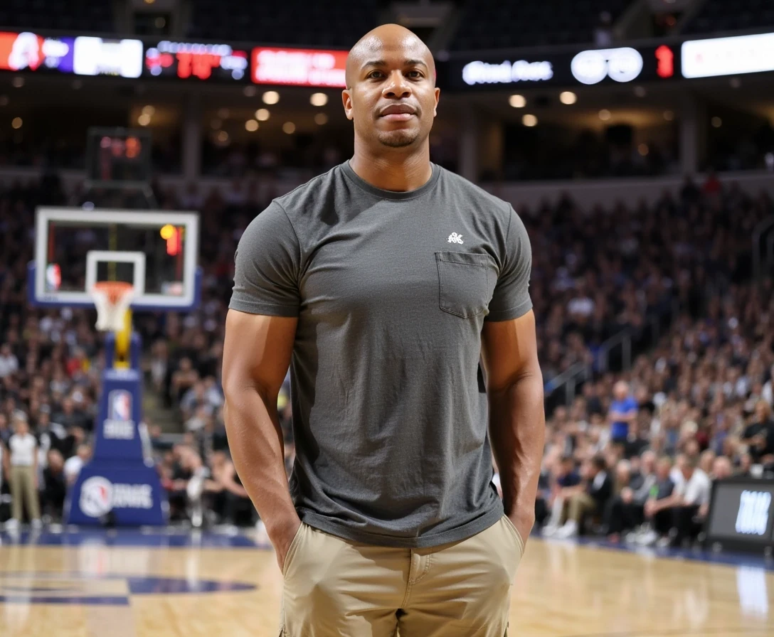 Magazine shoot, on basketball course inside arena ,  t shirt and khakis and female supermodel date,  same face of Carter with bald head, lean look, cstmdl