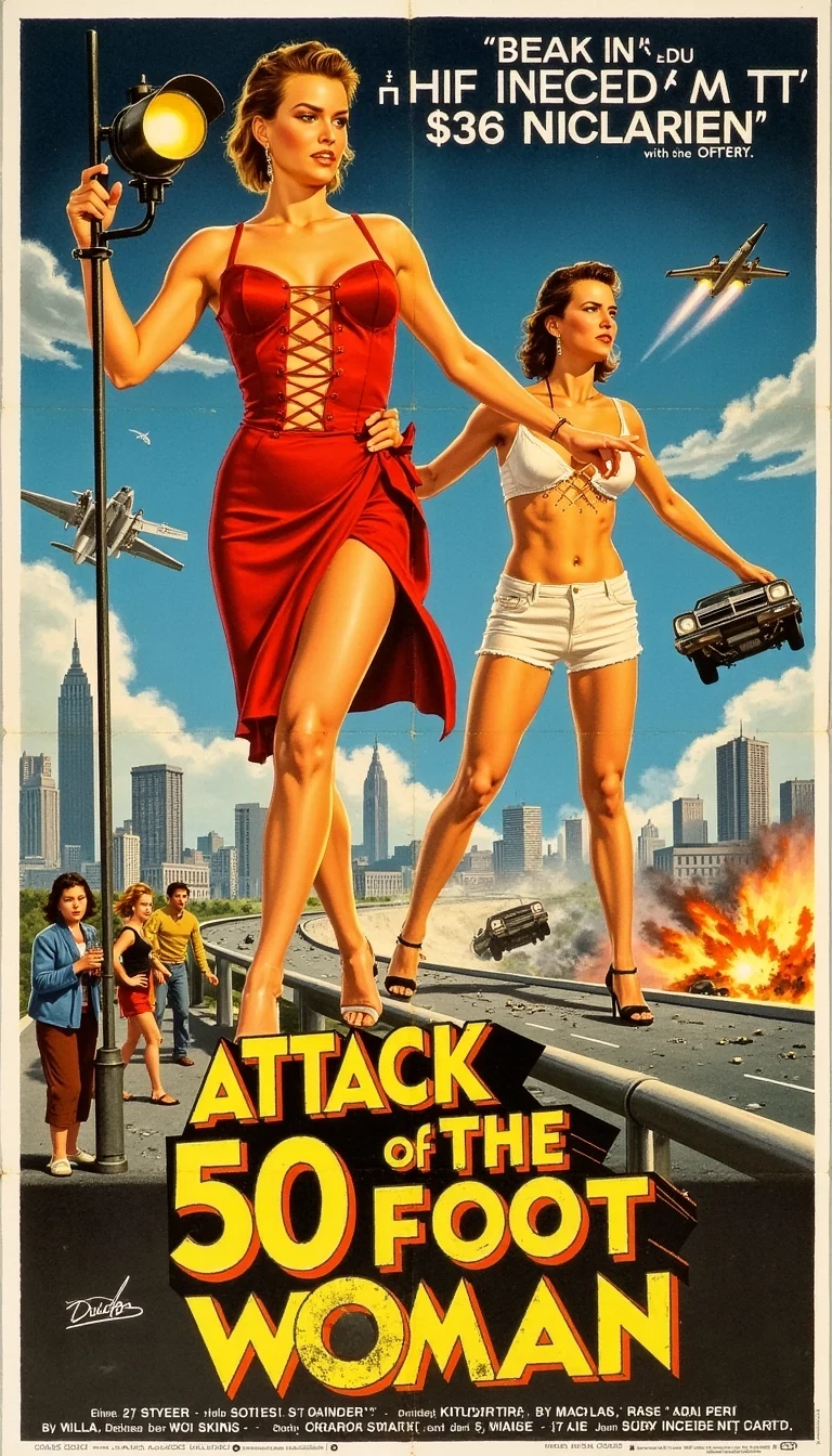 A vintage-style 1950s sci-fi movie poster inspired by „Attack of the 50 Foot Woman“. The scene features two gigantic women towering over a crumbling city, engaged in an epic battle. One woman has a confident, determined expression, wearing a torn red dress, gripping a damaged streetlight as a weapon. The other, in a ripped white outfit, has a fierce look, holding a crushed car in one hand. Fighter jets circle them, firing missiles as civilians flee in panic. The background showcases a cityscape with skyscrapers, some partially destroyed, and a highway filled with overturned cars. The title is displayed in bold, retro-style typography with a distressed, hand-painted look. The overall aesthetic mimics the classic 1950s B-movie poster style, with dramatic lighting, exaggerated expressions, and warm vintage colors