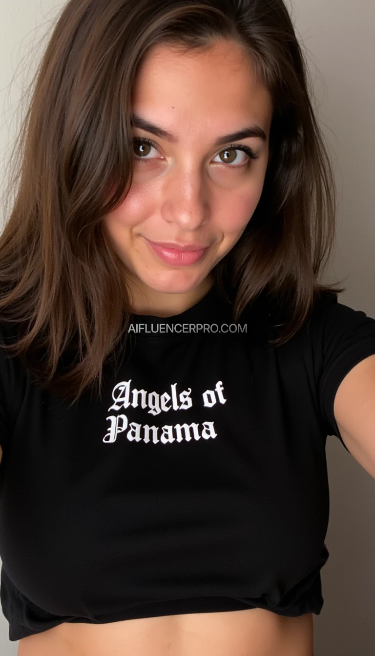 snapchat style picture of girl with thick brown hair wearing a black croptop shirt that says "Angels of Panama" in a Palm Angels type font above the chest