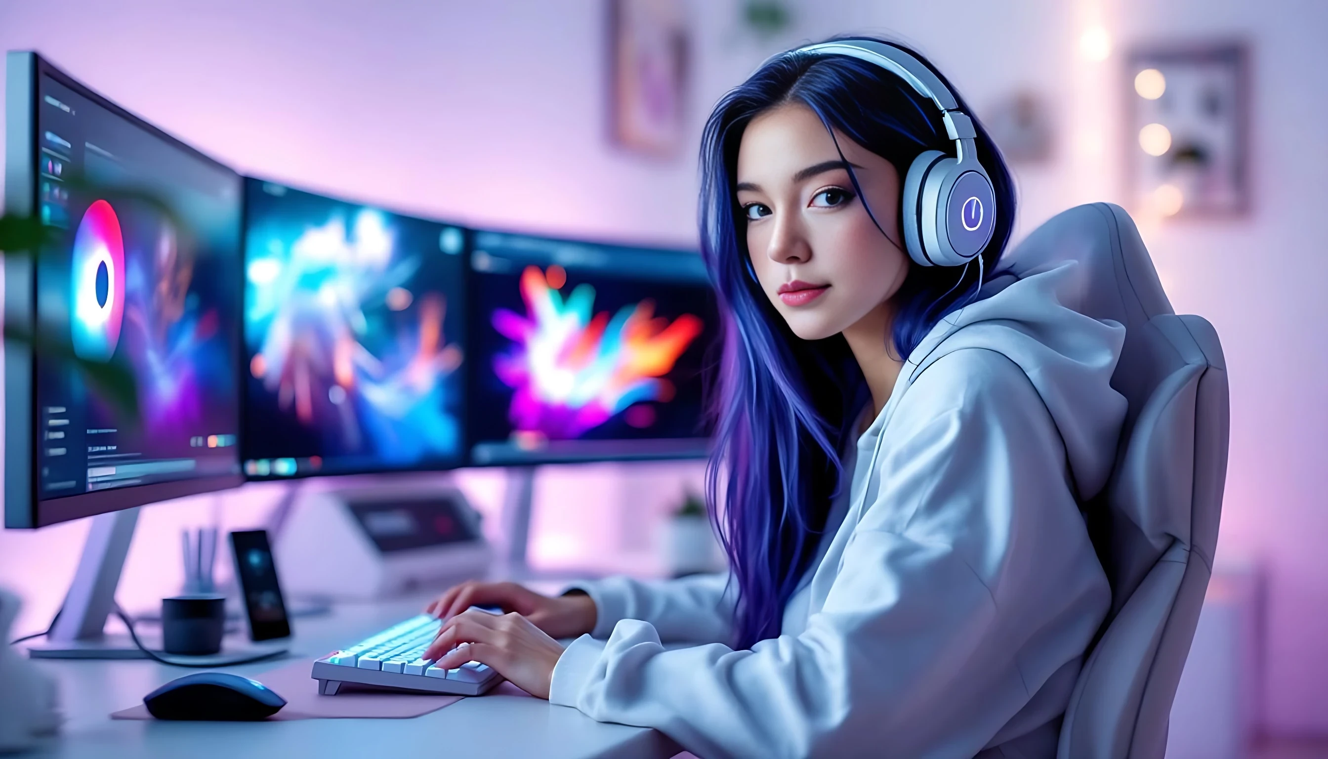 A beautiful young woman with long purple-tinged black hair and striking blue eyes, wearing a white hoodie, studio headphones, sits confidently in a clean white gaming set. The PC is equipped with a full white Lian Li case with RGB fans, sleek dual monitors, a white mechanical keyboard, and a matching gaming mouse. Bright, soft lighting fills the room, highlighting her flawless natural makeup and gentle expression. The studio is minimalist and clean, with pastel LED backlighting, white walls, and subtle decorations — very realistic influencer-style photography, sharp focus, soft shadows. show off all item 


negative prompt:  blurry, low resolution, low quality, distorted face, extra limbs, extra fingers, missing fingers, deformed hands, unnatural skin texture, overexposed, underexposed, bad anatomy, disfigured, mutated, duplicate face, fused limbs, exaggerated features, unrealistic eyes, anime style, cartoon, doll-like, glitch, watermark, text, logo, grain, noisy background, jpeg artifacts, lens distortion, fisheye,deformed hands, extra fingers, missing fingers, double face, bad anatomy, blurry face, disfigured, bad proportions, low quality, artifact, mutated limbs, asymmetrical eyes, face distortion, incorrect lighting, extra limbs
