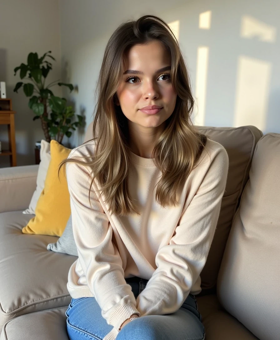 Full body lifestyle photo of a 18-year-old woman CSTMDL with hazelnut eyes, light brown hair styled in soft waves, fully toned skin, and big full symmetrical lips. She is in her living room, wearing a simple pastel-colored casual outfit: a soft beige sweater and comfortable jeans. She is sitting on a modern couch with her legs folded slightly to the side, hands gently resting in her lap, looking innocent and thoughtful as she gazes off into the distance. 

The atmosphere is calm, intimate, and natural, with soft natural daylight filtering through a nearby window, creating warm highlights on her face and hair while casting gentle shadows across the room. The background includes subtle home details such as cushions, a coffee table, and a small plant, softly blurred to keep the focus on her expression. 

The composition is a full body shot, centered to capture her relaxed posture on the couch, with emphasis on her innocent facial expression and thoughtful mood. Technical aspects: DSLR 50mm lens look, shallow depth of field with soft bokeh, HDR, ultra photorealistic, professional photography, highly detailed skin and fabric texture, 8k high definition, Instagram lifestyle style.
Sharp focus on facial features, High dynamic range, 85mm lens look