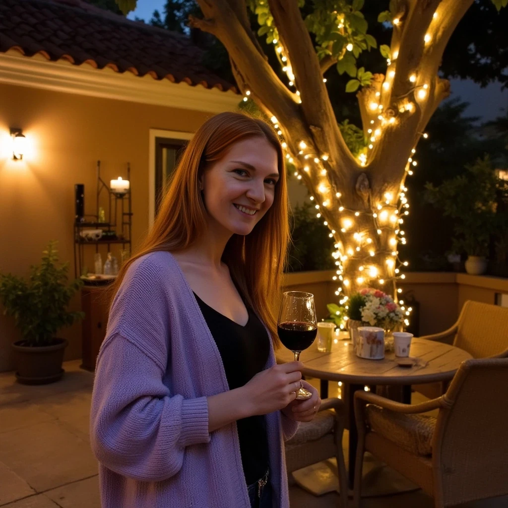 A full body shot photo of a woman standing outdoors at a cozy, warmly lit patio in the evening, with soft, glowing lights wrapped around a tree behind them creating a charming atmosphere. The image is rich in detail, with warm tones and clear textures throughout. The woman has fair skin, a slim build, and long reddish-blonde hair, also worn loose. She is smiling warmly at the camera, holding a glass of red wine in her right hand, and wears a soft-textured lavender cardigan over a black top. The background features a large tree with sparkling string lights wrapped around its trunk and branches, adding a magical touch to the scene. The setting suggests a private outdoor seating area, with elements like terracotta-tiled roofing, greenery, and rattan chairs contributing to a serene, inviting vibe. The overall composition is balanced, with the woman framed against the softly glowing tree, and the lighting enhances the warm, intimate feel of a quiet evening shared among friends. The details are vivid, with textures of clothing, skin, and background elements clearly visible, while the warm lighting creates a relaxed and joyful mood