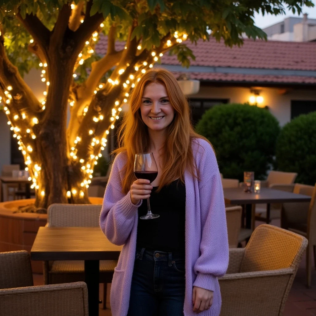 A full body shot photo of a woman standing outdoors at a cozy, warmly lit patio in the evening, with soft, glowing lights wrapped around a tree behind them creating a charming atmosphere. The image is rich in detail, with warm tones and clear textures throughout. The woman has fair skin, a slim build, and long reddish-blonde hair, also worn loose. She is smiling warmly at the camera, holding a glass of red wine in her right hand, and wears a soft-textured lavender cardigan over a black top. The background features a large tree with sparkling string lights wrapped around its trunk and branches, adding a magical touch to the scene. The setting suggests a private outdoor seating area, with elements like terracotta-tiled roofing, greenery, and rattan chairs contributing to a serene, inviting vibe. The overall composition is balanced, with the woman framed against the softly glowing tree, and the lighting enhances the warm, intimate feel of a quiet evening shared among friends. The details are vivid, with textures of clothing, skin, and background elements clearly visible, while the warm lighting creates a relaxed and joyful mood