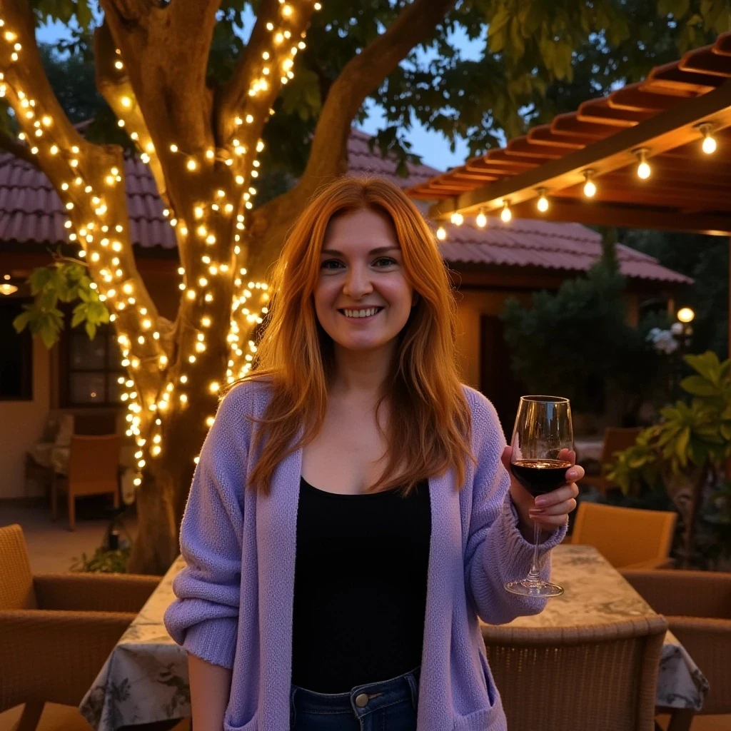 A full body shot photo of a woman standing outdoors at a cozy, warmly lit patio in the evening, with soft, glowing lights wrapped around a tree behind them creating a charming atmosphere. The image is rich in detail, with warm tones and clear textures throughout. The woman has fair skin, a slim build, and long reddish-blonde hair, also worn loose. She is smiling warmly at the camera, holding a glass of red wine in her right hand, and wears a soft-textured lavender cardigan over a black top. The background features a large tree with sparkling string lights wrapped around its trunk and branches, adding a magical touch to the scene. The setting suggests a private outdoor seating area, with elements like terracotta-tiled roofing, greenery, and rattan chairs contributing to a serene, inviting vibe. The overall composition is balanced, with the woman framed against the softly glowing tree, and the lighting enhances the warm, intimate feel of a quiet evening shared among friends. The details are vivid, with textures of clothing, skin, and background elements clearly visible, while the warm lighting creates a relaxed and joyful mood