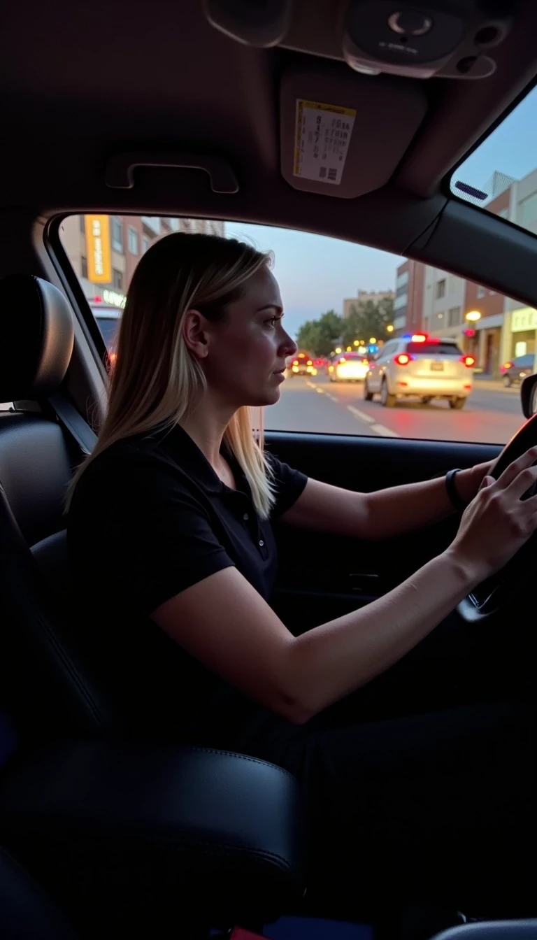 CSTMDL, Hailey, Hyperrealistic cinematic portrait of an early 20 woman driving her silver Toyota Corolla 2015 at night, illuminated by soft neon reflections from city lights. She looks relaxed yet slightly tired after work, her long blonde hair gently catching the glow of passing streetlights. she is wearing a fitted black short-sleeved polo shirt, tucked into slim black pants, no visible accessories; The windshield shows blurred reflections of headlights and taillights in motion, creating a dreamy atmosphere. A subtle warm light highlights her face while cool blue tones from the dashboard softly contrast. The background hints at urban buildings and quiet streets as she heads toward her apartment. Photorealism, analog film texture, crisp details, cinematic depth of field, night photography aesthetic.